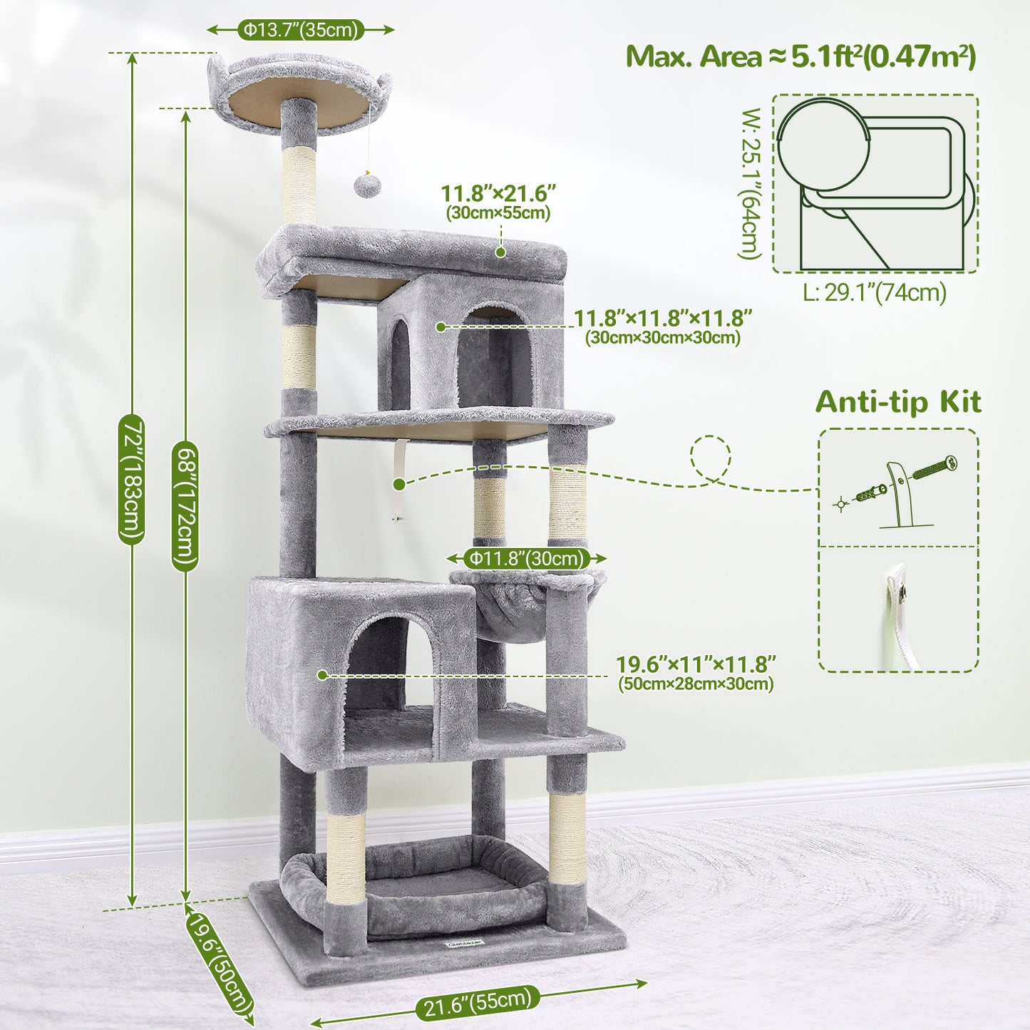 Globlazer Heavy Duty Cat Trees for Large Cats, Sturdy 72in Maine Coon Cat Tree for Large Cats 20 lbs+ Heavy Duty Cat Tower for Adult Biggest Cat with 6 Scratching Posts, Hammock, S72, Light Gray