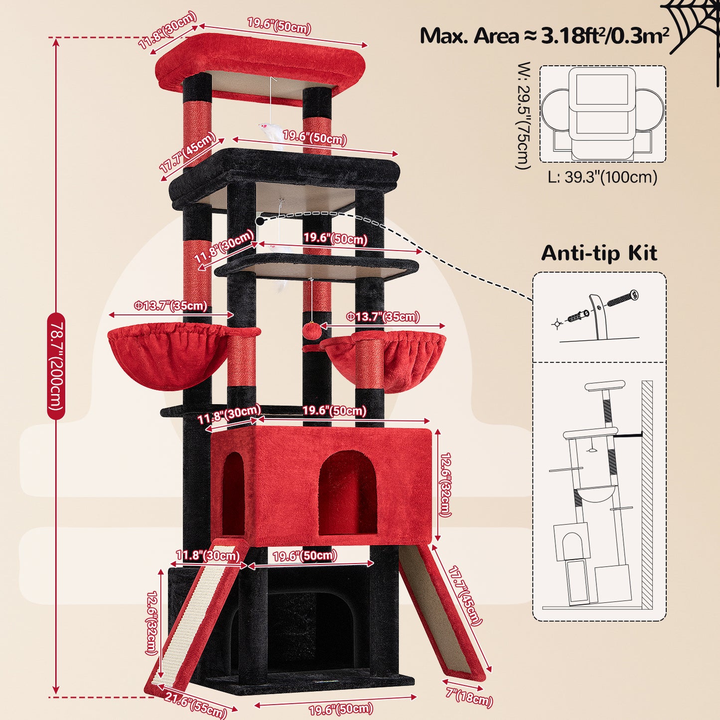 Globlazer Heavy Duty Cat Tree 78 inch Sturdy Gothic Cat Tower for 20lbs Large Adult Cats, Symmetrical Aesthetic Big Goth Cat Tree with Extra Large Platform, 2 Scratching Boards, Z78, Black Red