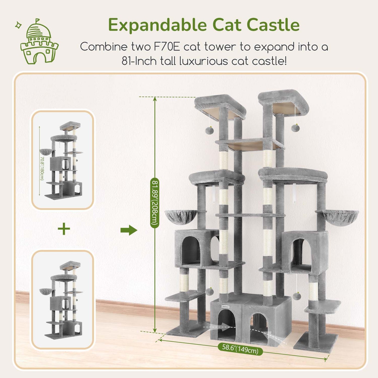 Globlazer Cat Tree Tower for Indoor Cats Large Adult, 70in Tall Cat Tree with 2 Spacious Cat Condos, 2 Top Perches and 5 Scratching Posts, Expandable Cat Tower, Use Alone or Combine, F70E, Light Gray