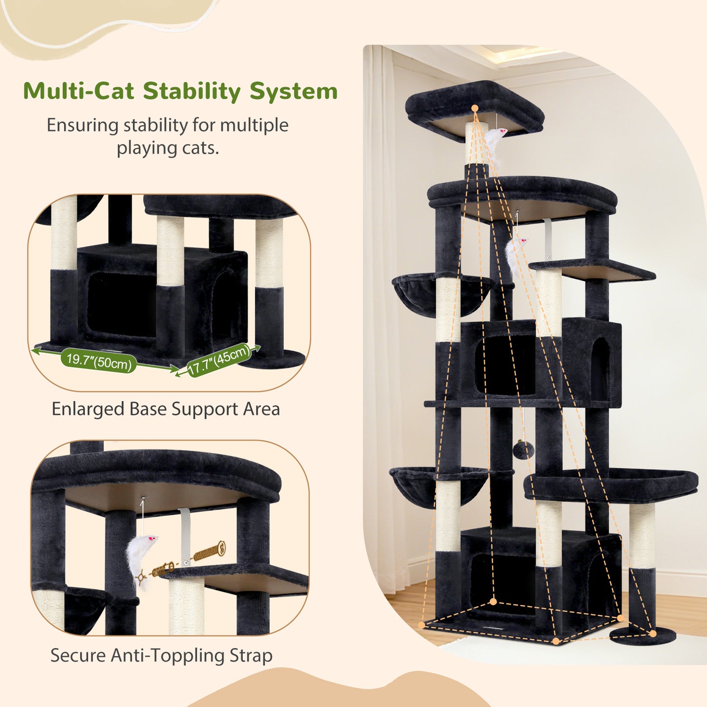 Globlazer 75in Sturdy Cat Tree for Large Cats, Heavy Duty Multi-Level Cat Tower for Indoor Cats with Extended Platform, 2 Spacious Condos, 2 Padded Perches, 6 Sisal Scratching Posts, S75, Dark Grey