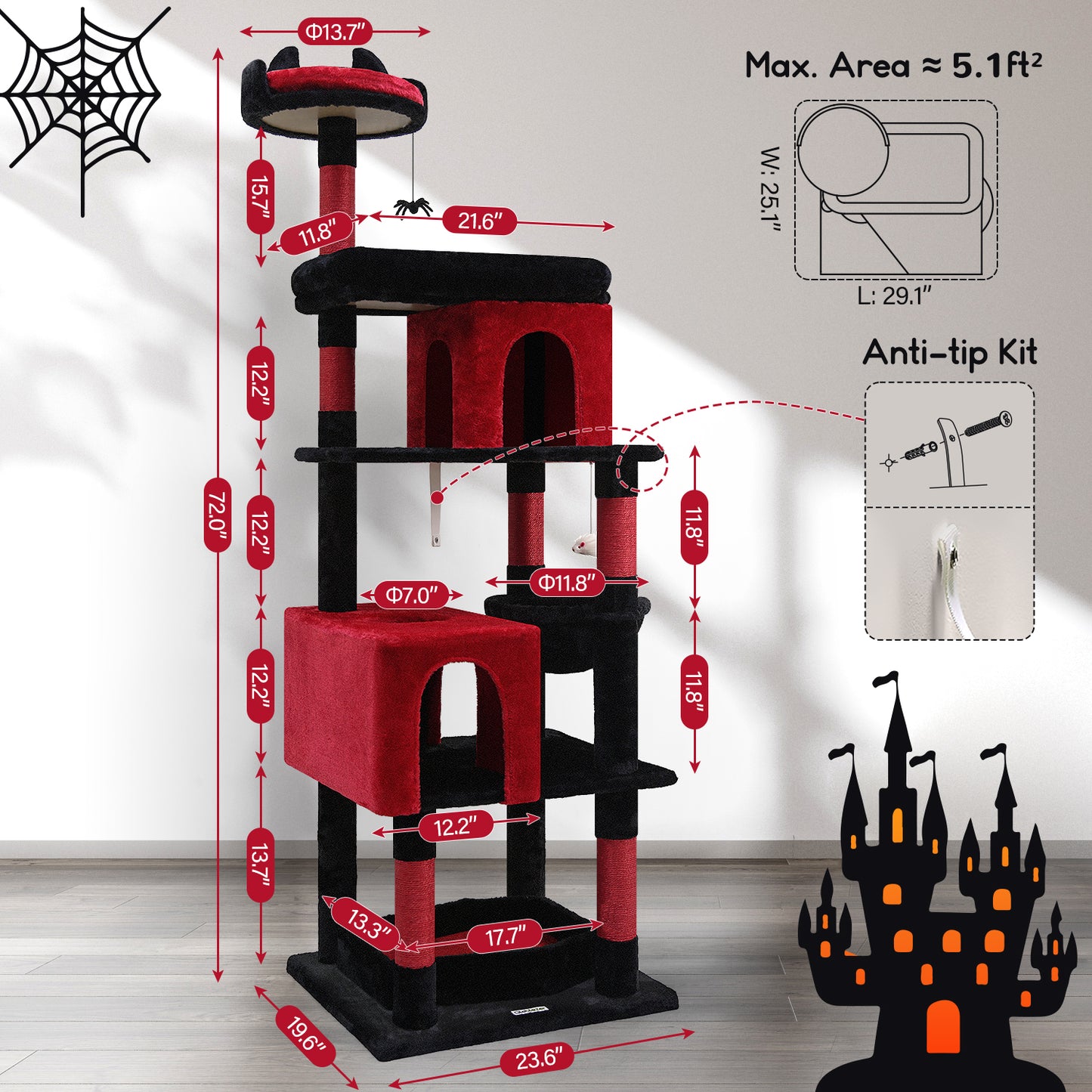 Globlazer Heavy Duty Gothic Cat Tree, 72in Large Cat Tower with Coffin Bed, Sturdy Maine Coon Cat Tree for Large Cats 20 lbs+, Medieval Castle Style with 6 Scratching Posts & Hammock, S72, Black & Red