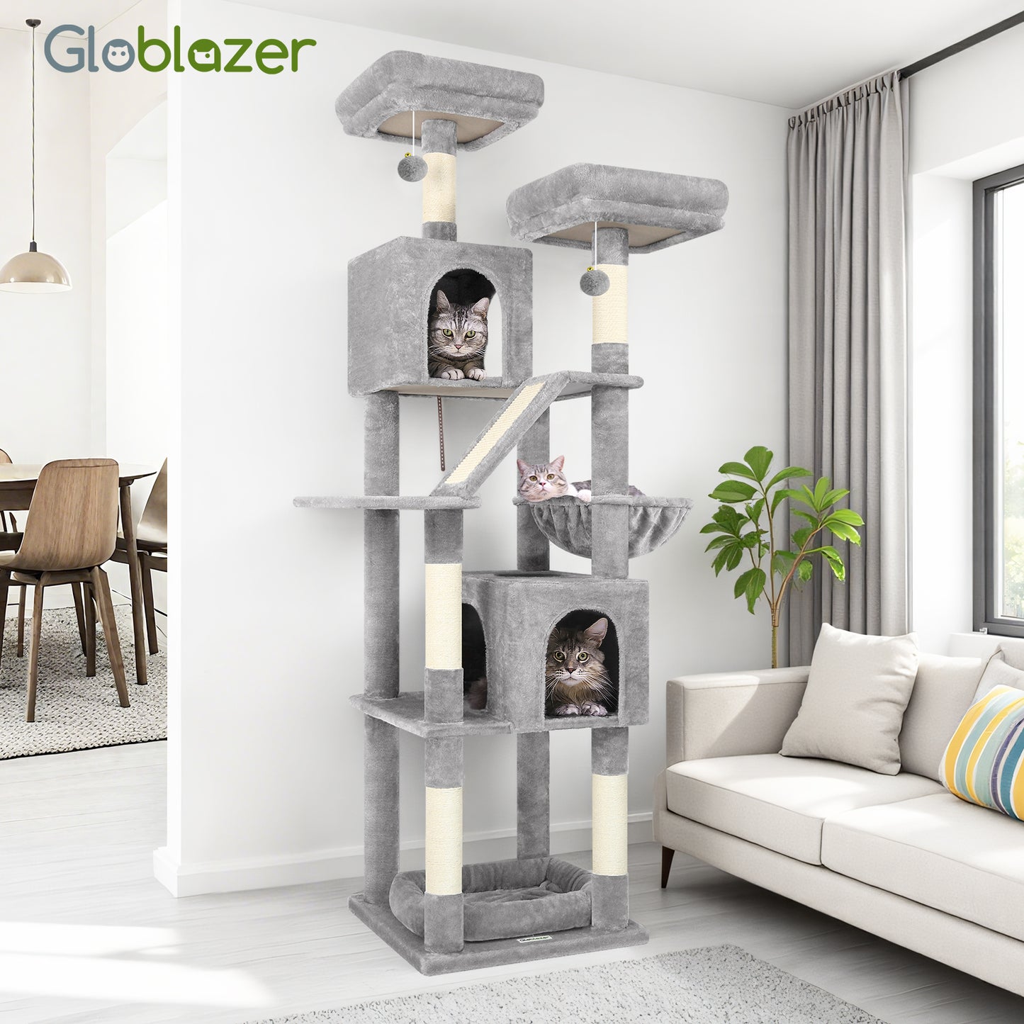 Globlazer 74in Heavy Duty Cat Tree for Large Indoor Cats, Multi-Level Cat Tower with 5 Sisal Scratching Posts, 2 Cozy Condos, Hammock, Top Perches, Climbing Ramp and Pet Bed, F74D, Light Grey