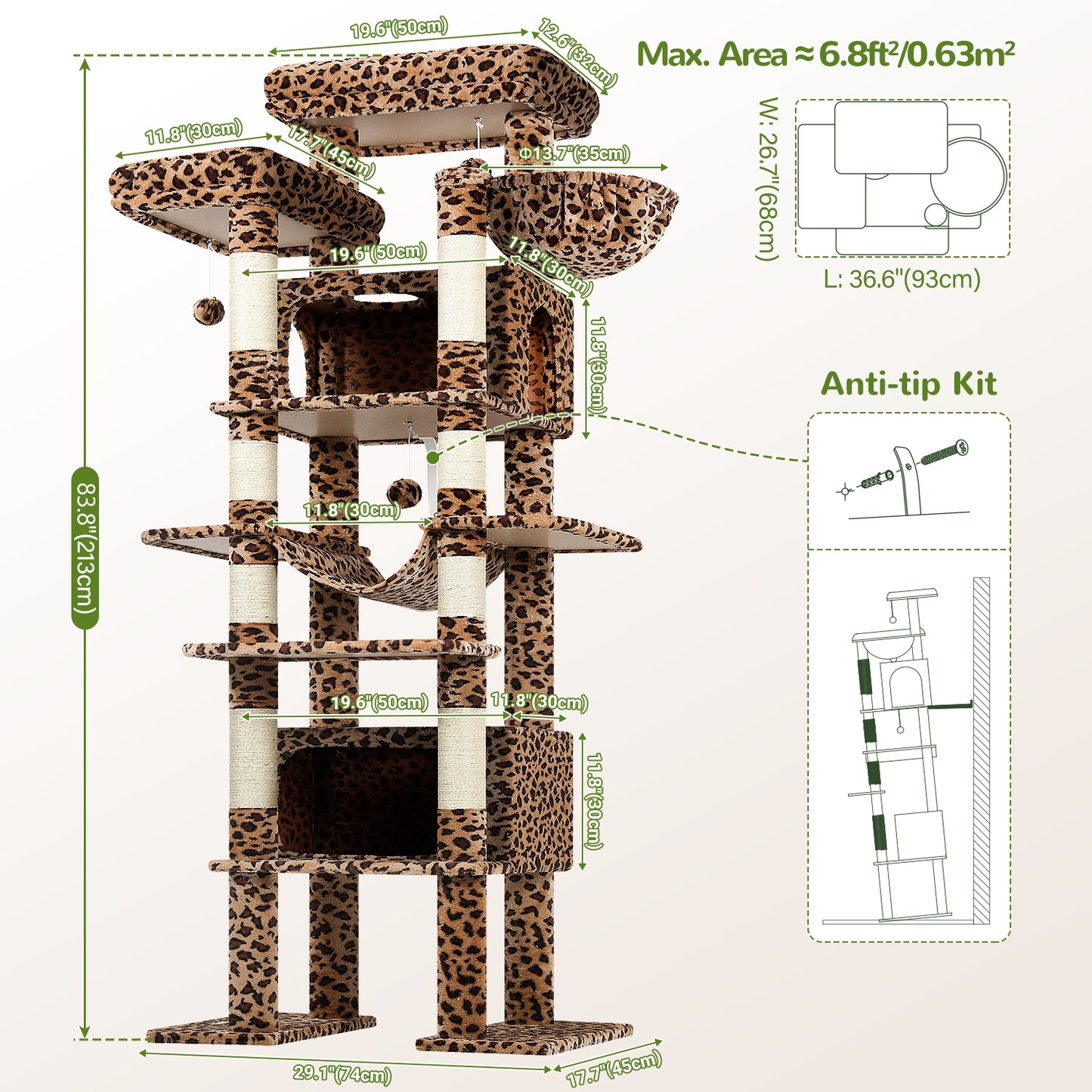 Globlazer XXL Giant Cat Tree, 83 Inch Heavy Duty Tall Cat Tower for Indoor Cats Large Adult, Multi-Level Large Cat Condo with 8 Scratching Posts, Hammock, 2 Cat Caves, 2 Platform, F83B, Leopard Print