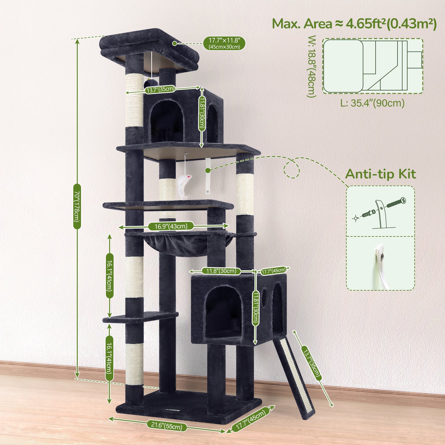 Globlazer Heavy Duty Cat Tree, 70 inch Sturdy Cat Tree for Indoor Cats Extra Large Cat Tower with Scratching Post, Hammock, Cat Condo for Adult Cats Kittens, F70 Pro, Dark Grey