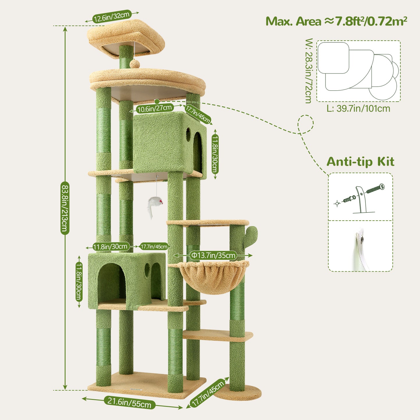Globlazer Giant Cactus Cat Tree, 83 inch Cat Tree for Indoor Cats Large Big Adult, XXL Cactus Cat Tower with 9 Scratching Posts for 20lb+ Heavy Duty Large Adult Cats, F83, Green