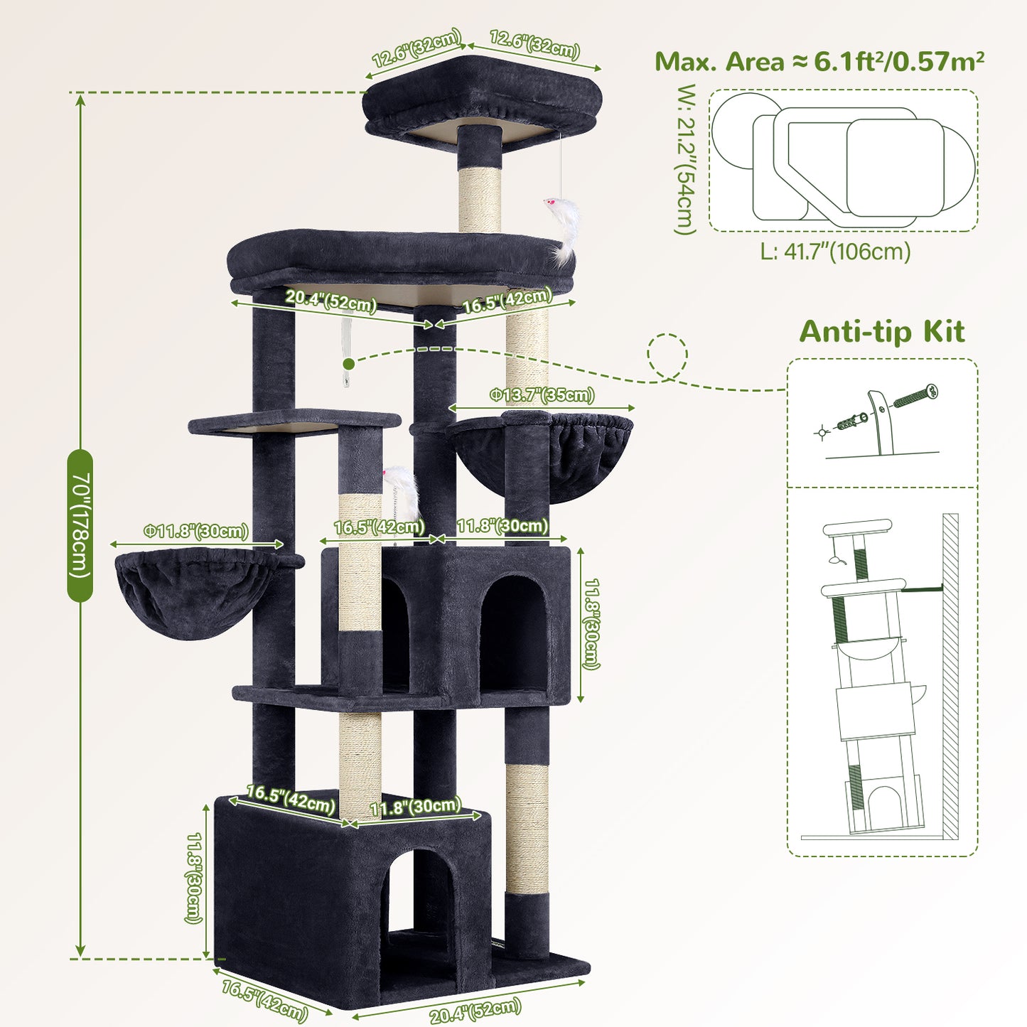 Globlazer Sturdy Cat Tree, 68-inch Large Cat Tower for Indoor Adult Cats 20 lbs Heavy Duty Cat Tree for Big Cats with Extra Large Platform, 5 Scratching Post, S68, Dark Grey