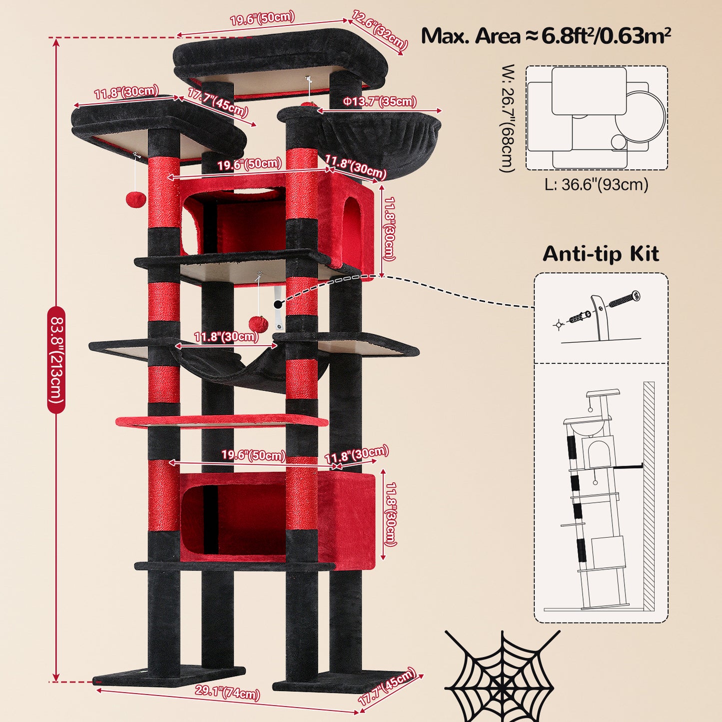 Globlazer XXL Giant Gothic Cat Tree, 83 Inch Heavy Duty Tall Goth Cat Tower for Indoor Cats Large Adult, Multi-Level Large Cat Condo with 8 Scratching Posts, Hammock, 2 Platform, F83B, Black Red