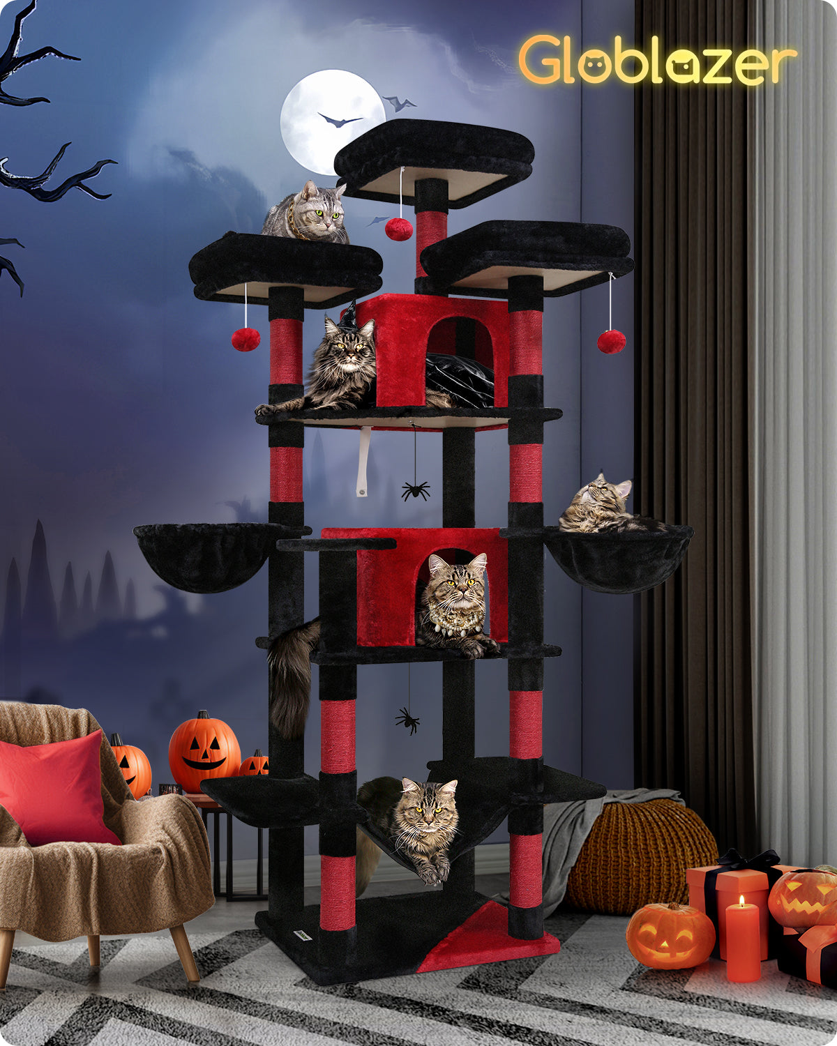 Globlazer Gothic Cat Tree, 80inch Goth Cat Tower for Indoor Cats Multiple Adult Cats XXL Cat Tree Large Cat Tower with Scratching Post, Hammock, 3 Perches, 2 Condos, 2 Hanging Basket, F80, Black Red