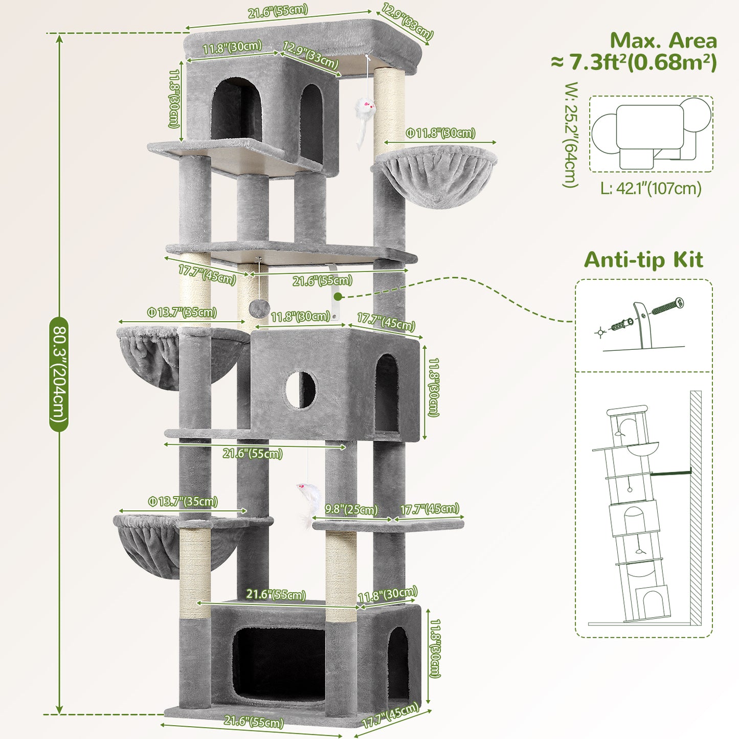 Globlazer Large Cat Tree 80 inch Multi-Level Tall Climbing Tower Kitty Condos Cat Scratching Tower for Indoor Multiple Adult Cats with Large Platform, 3 Cat Caves, 3 Hanging Baskets, F80F, Light Grey