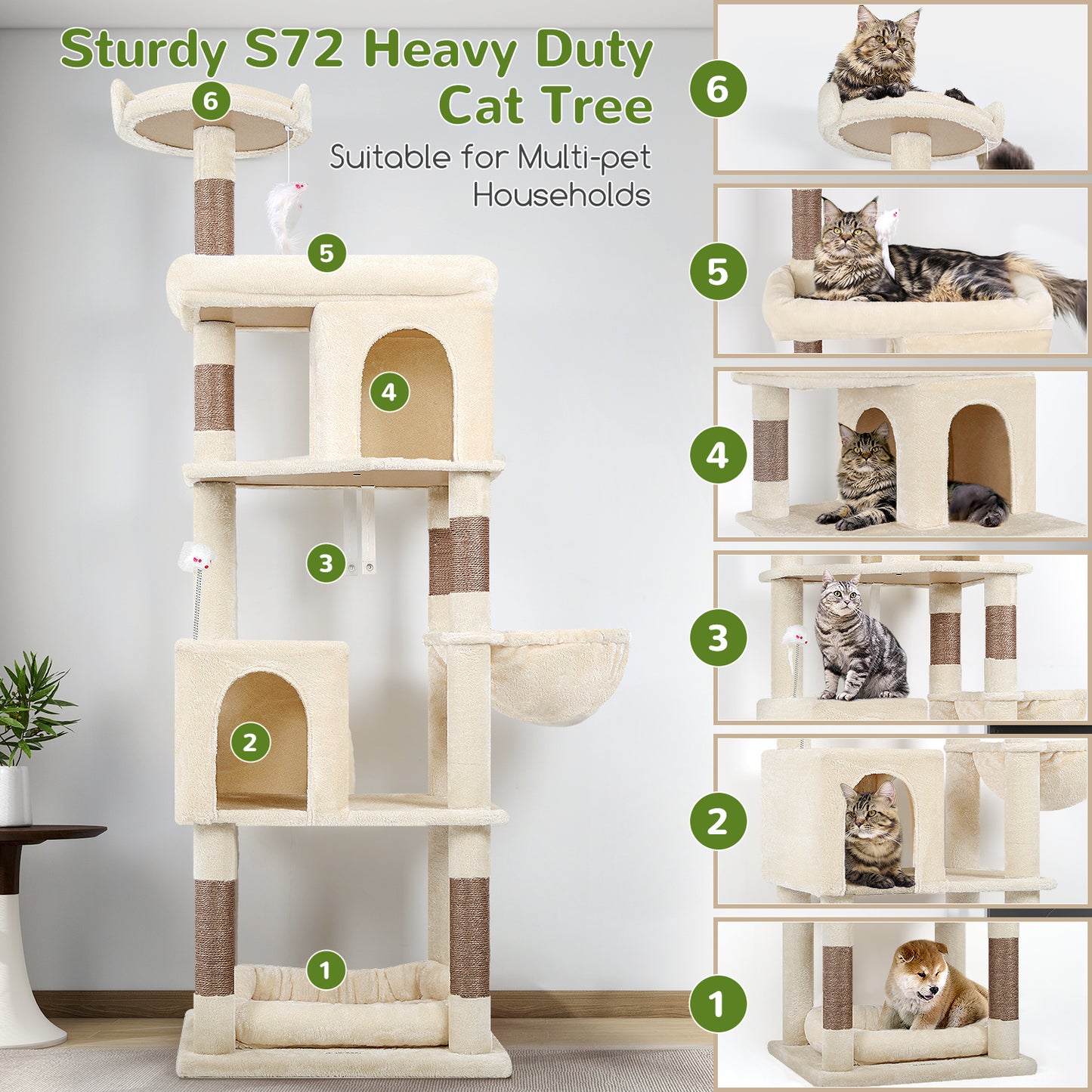 Globlazer Heavy Duty Cat Trees for Large Cats, Sturdy 72in Maine Coon Cat Tree for Large Cats 20 lbs+ Heavy Duty Cat Tower for Adult Biggest Cat with 6 Scratching Posts, Hammock, S72, Beige