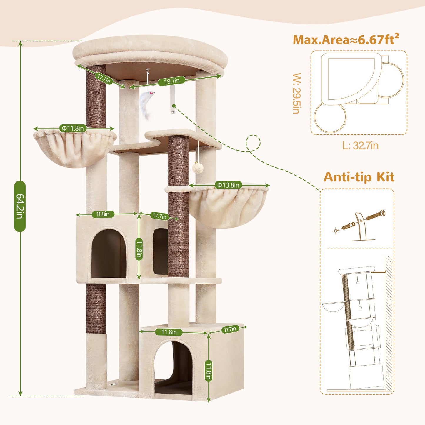 Globlazer Corner Cat Tree for Large Indoor Cats, 64in Space Saving Cat Tower with Enlarged Top Perch, 4 Scratching Posts, Multi-Level Cat Tree Tower with 2 Condos, 2 Hammocks, C64, Beige
