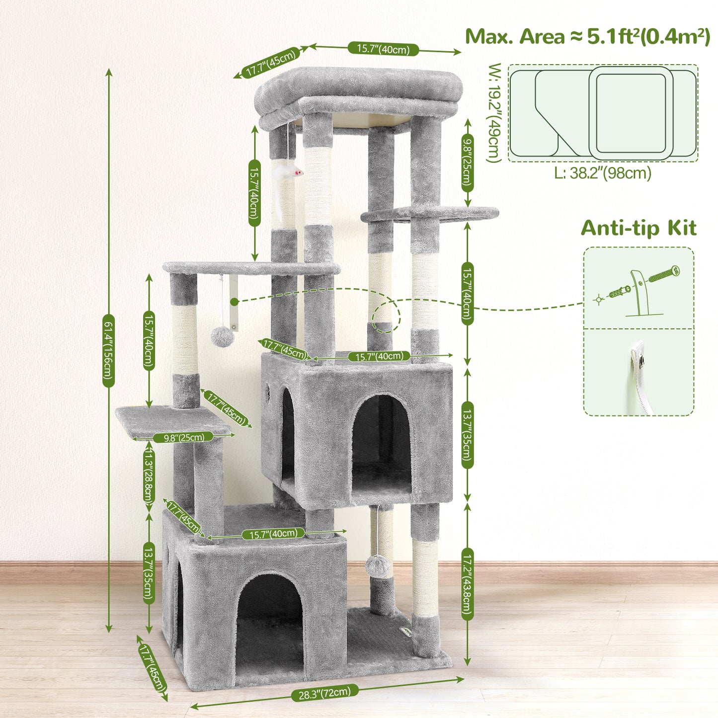 Globlazer Cat Tower for Indoor Cats, 61inch Heavy Duty Cat Trees for Large Cats Adult Big Cats Maine Coon Cat Tree Tower with Scratching Post, Extra Large Top Perch, Cat Condos, F61, Light Grey