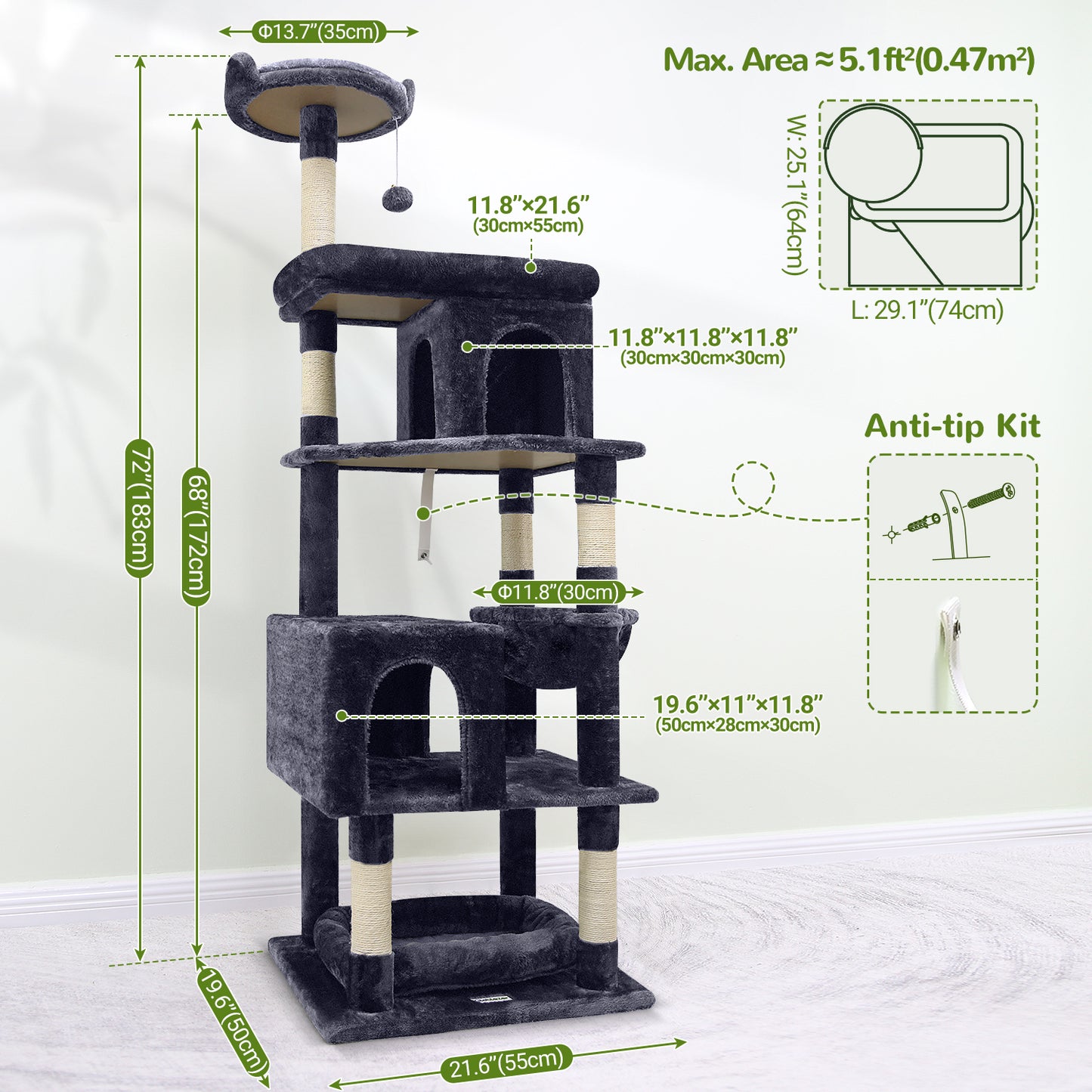 Globlazer Heavy Duty Cat Trees for Large Cats, Sturdy 72in Maine Coon Cat Tree for Large Cats 20 lbs+ Heavy Duty Cat Tower for Adult Biggest Cat with 6 Scratching Posts, Hammock, S72, Dark Gray