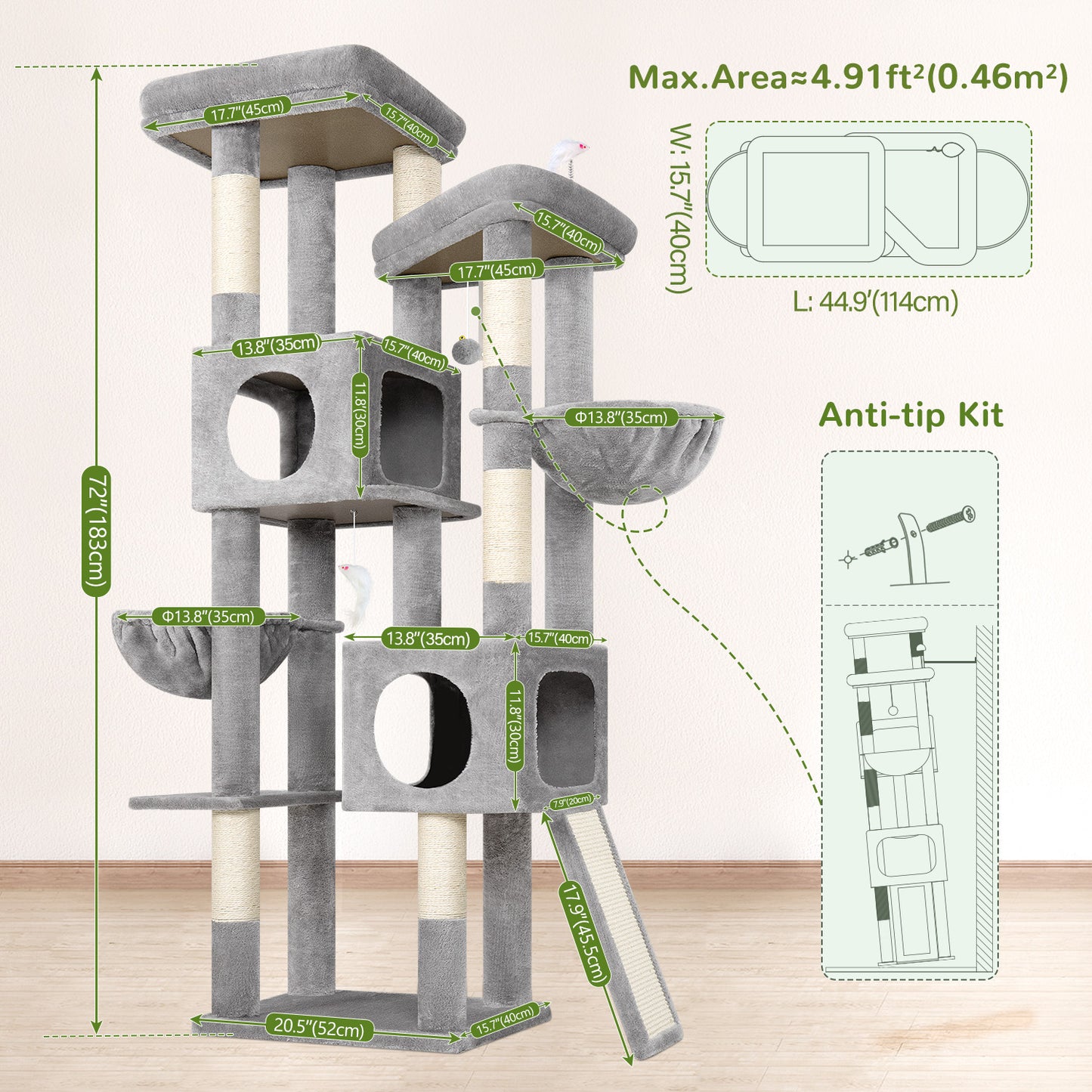 Globlazer 72" Heavy Duty Cat Tree for Large Adult Cats, Multi-Level Cat Tower with 2 Cat Condo, 2 Perchs, 6 Scratching Posts, Sisal Scratching Board, Multiple Cats, Resting Play, S72E, Light Grey