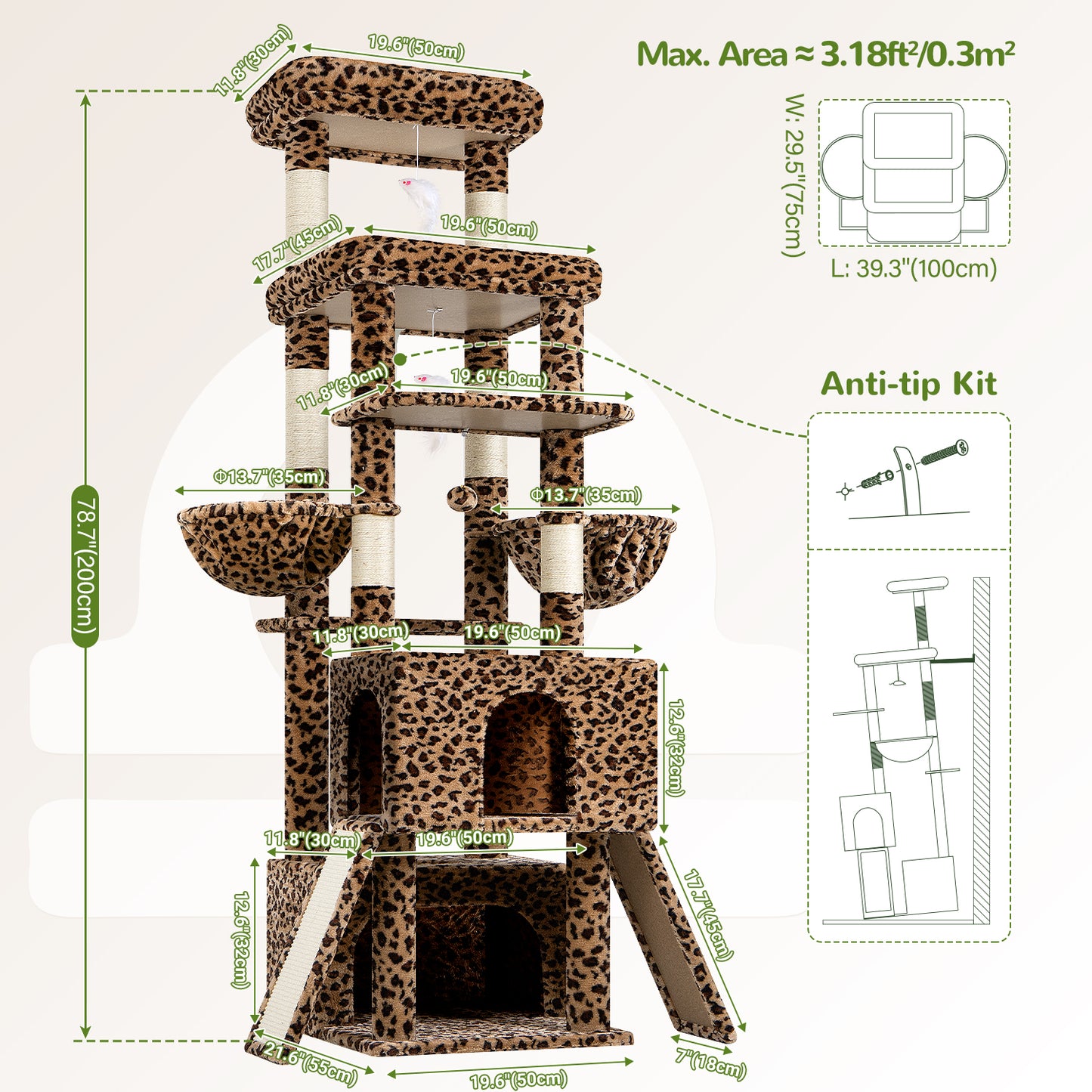 Globlazer Heavy Duty Cat Tree 78 inch Sturdy Cat Tower for 20lbs Large Adult Cats, Symmetrical Aesthetic Big Cat Tree with Extra Large Platform, 2 Scratching Boards, Z78, Leopard Print