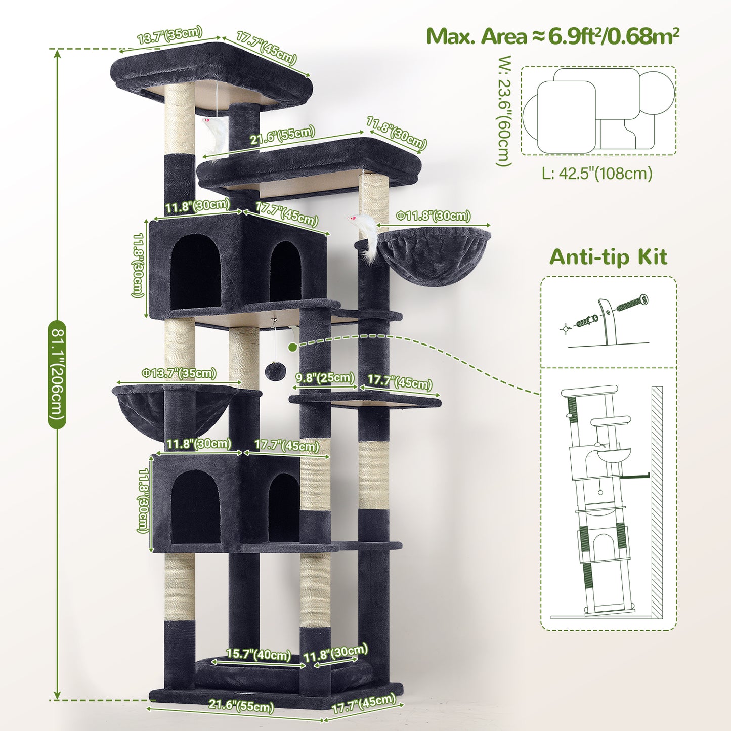 Globlazer Heavy Duty Cat Tree, 81 inch Extra Large Cat Tree for Indoor Cats Large Adult, Sturdy Cat Tower with 8 Scratching Post, 2 Cat Condos, 2 Platform, S81C, Dark Grey