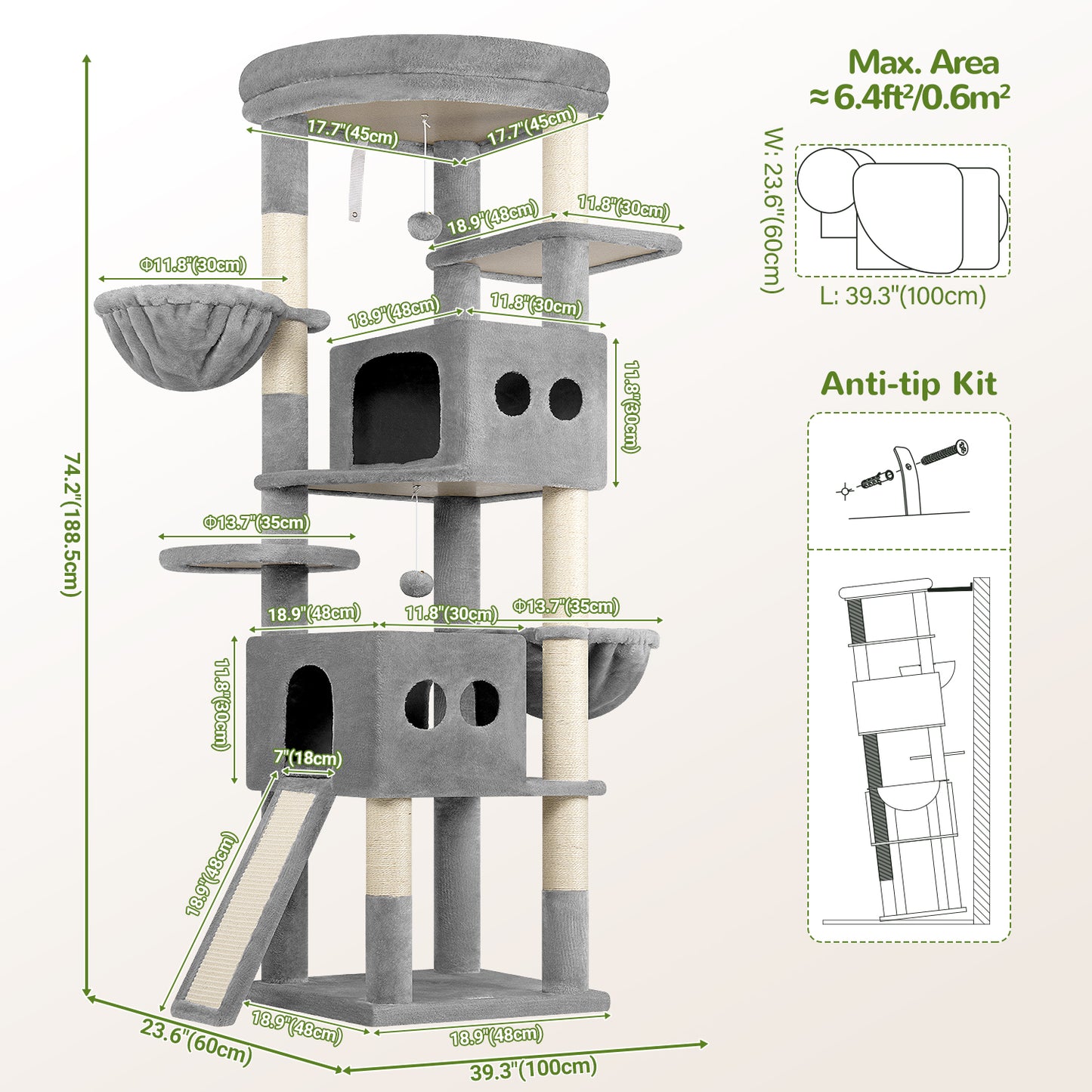 Globlazer 74in Tall Cat Tree for Indoor Cats Large Adult, Sturdy Heavy Duty Cat Tree Tower with 7 Scratching Posts for Multiple Cats, 2 Spacious Condos, 2 Hanging Baskets, S74G, Light Grey