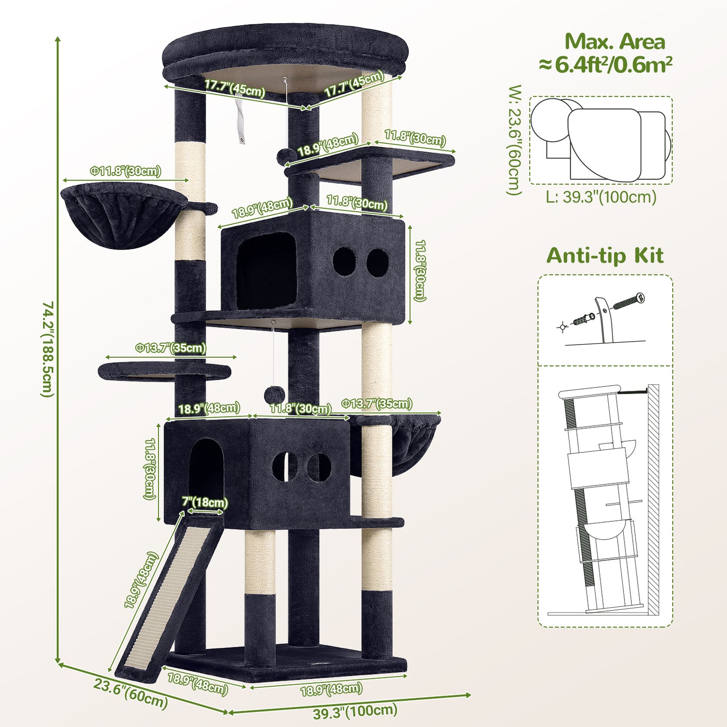 Globlazer 74in Tall Cat Tree for Indoor Cats Large Adult, Sturdy Heavy Duty Cat Tree Tower with 7 Scratching Posts for Multiple Cats, 2 Spacious Condos, 2 Hanging Baskets, S74G, Dark Grey