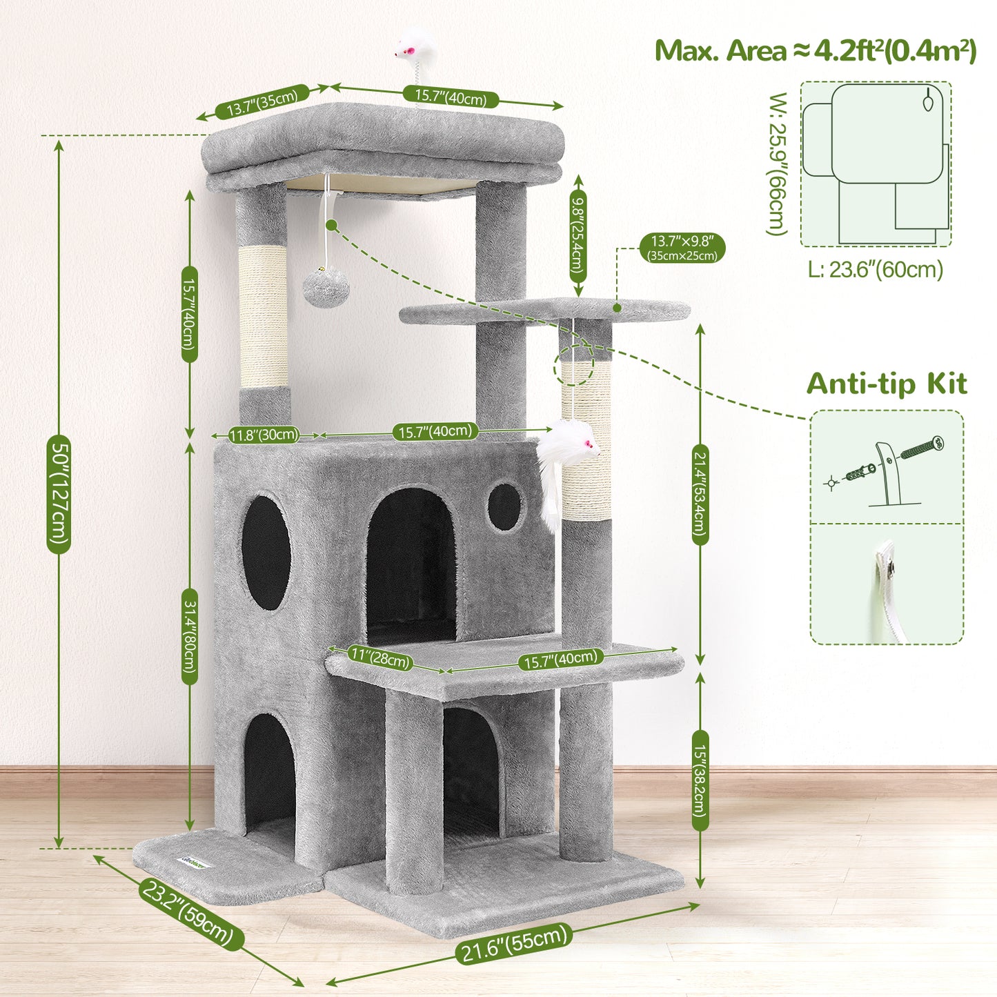 Globlazer Cat Tree Tower for Indoor Cats, 50-inch Adult Cat Tree House for Large Adult Cats with Step, 2 Scratching Posts, 2 Cat Caves, Dangling Toys, FC50, Light Grey