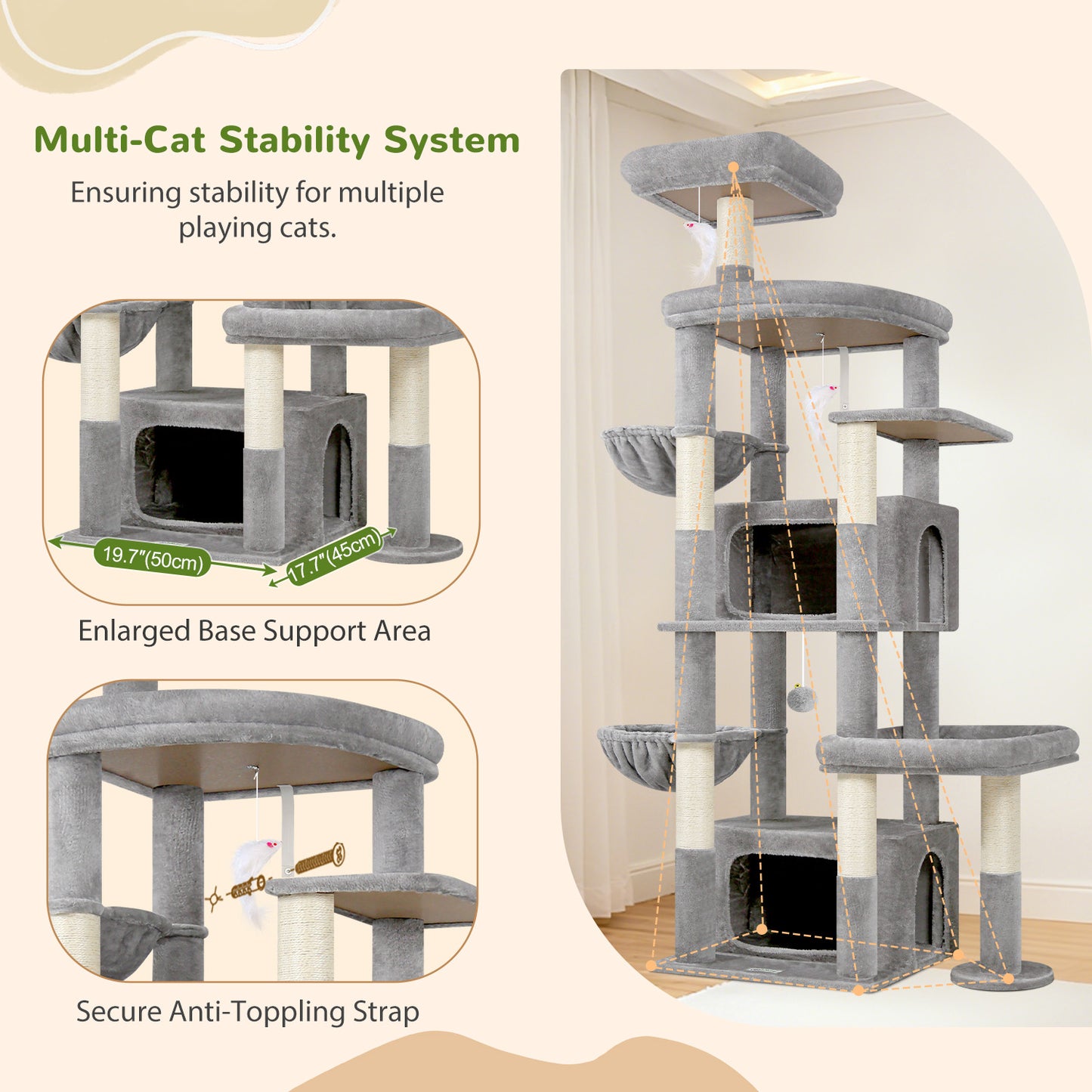 Globlazer 75in Sturdy Cat Tree for Large Cats, Heavy Duty Multi-Level Cat Tower for Indoor Cats with Extended Platform, 2 Spacious Condos, 2 Padded Perches, 6 Sisal Scratching Posts, S75, Light Grey