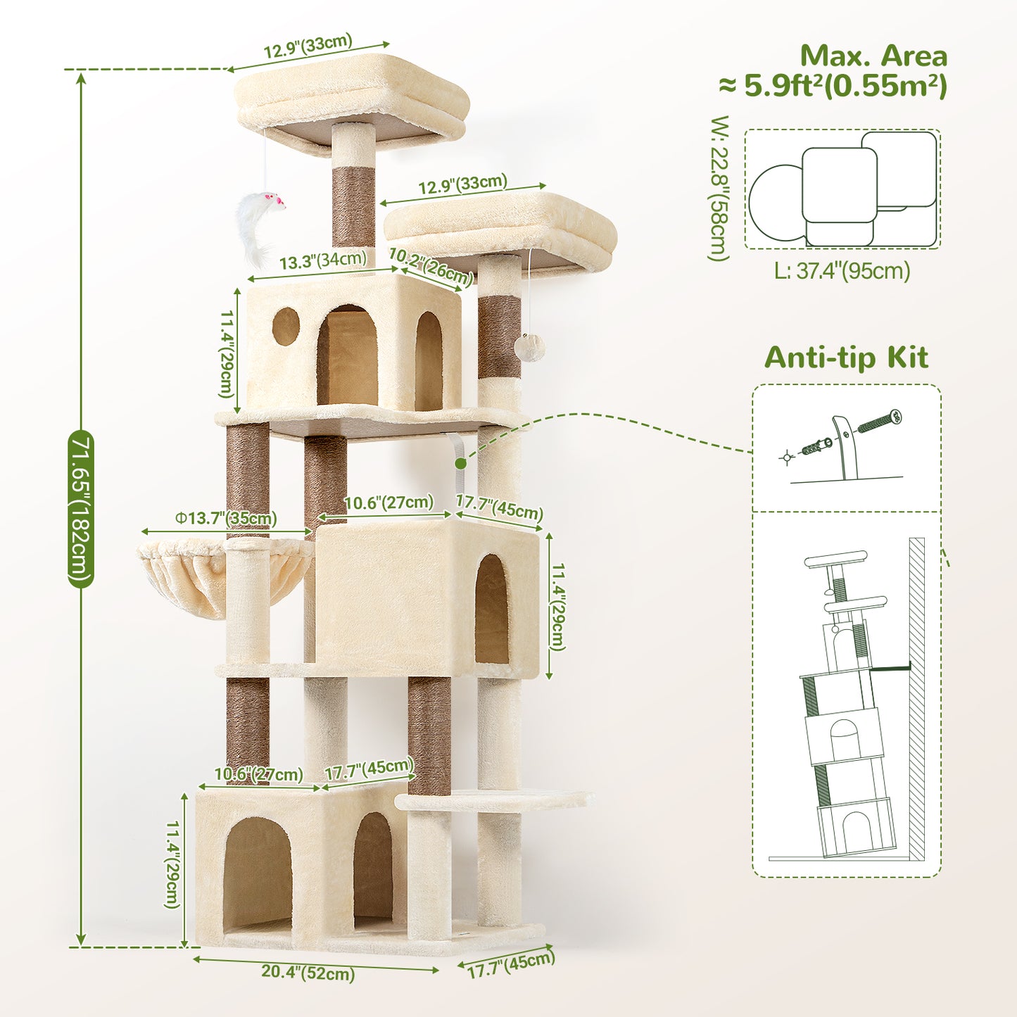 Globlazer Cat Tree Tall, 71 inches Cat Tower for Indoor Adult Cats Multi-Level 3 Condos for Indoor Cats XL Cat Tree Tower with Scratching Posts, Soft Extra Large Hanging Basket, F71, Beige