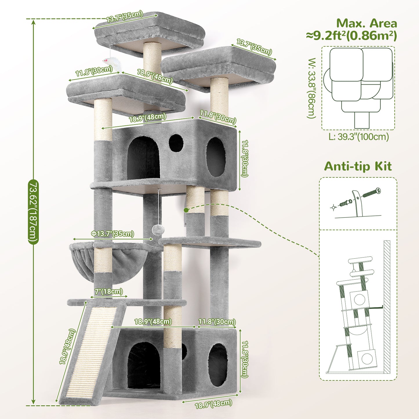 Globlazer Heavy Duty Cat Tree, 73inch Sturdy Cat Tower with Scratching Post for Indoor multiple Cats, Maine Coon Cat Tree with 3 Cat Perch, Basket, 2 Cat Condo for Adult Cats Kittens, F73C, Light Grey