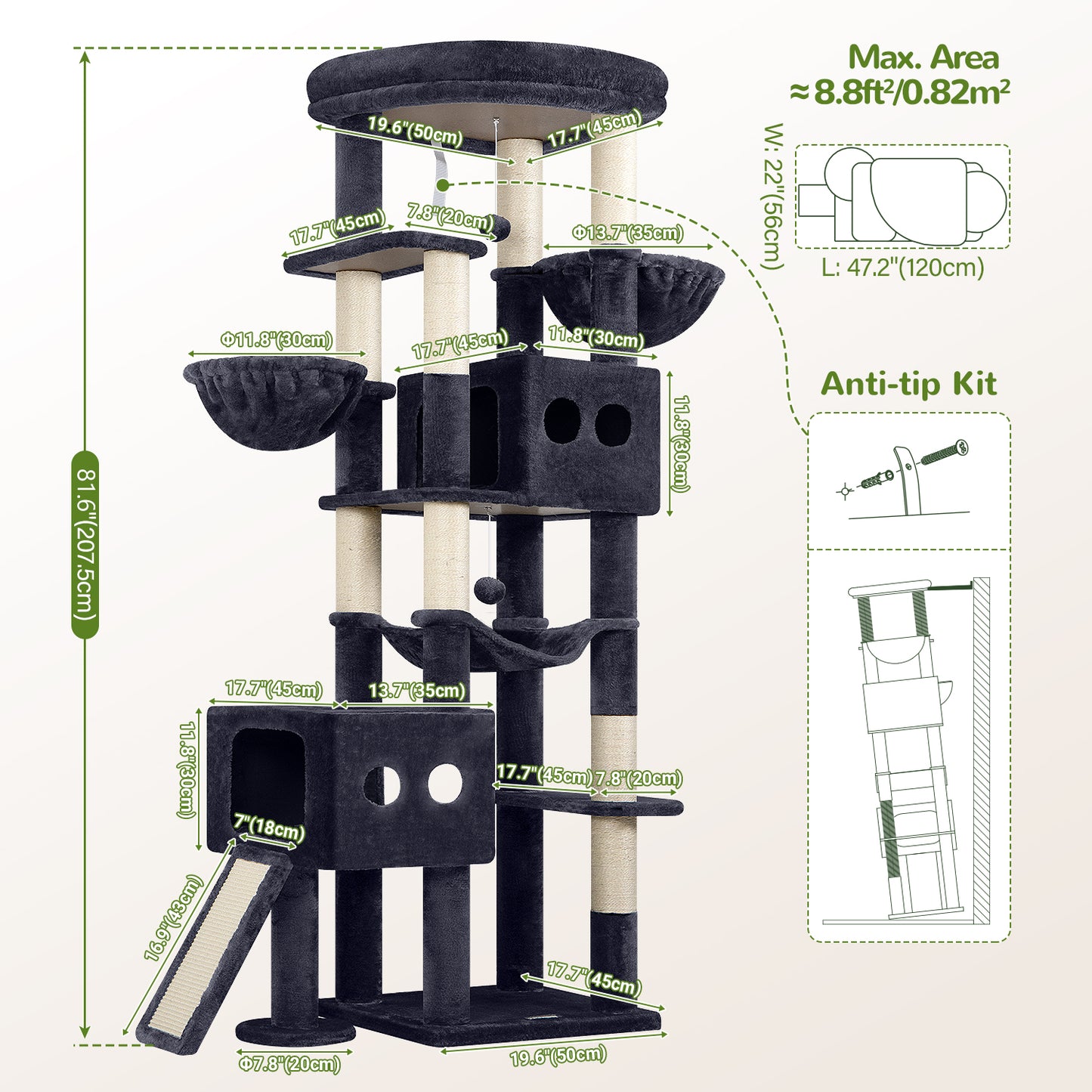 Globlazer Cat Tower for Large Cats, 81 inch Cat Tree for Indoor Cats Large Adult, Tall Cat Tower with 2 Condos, 2 Baskets, Hammock, Large Perch, 8 Sisal Posts, Scratching Board, S81G, Dark Grey