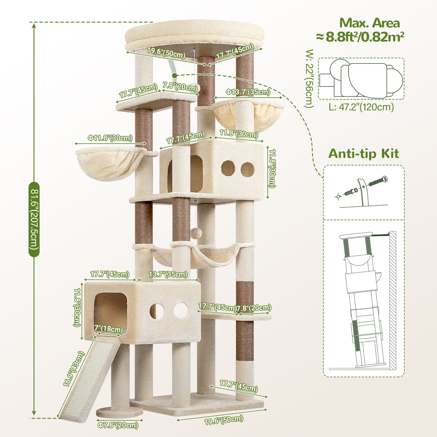 Globlazer Cat Tower for Large Cats, 81 inch Cat Tree for Indoor Cats Large Adult, Tall Cat Tower with 2 Condos, 2 Baskets, Hammock, Large Perch, 8 Sisal Posts, Scratching Board, S81G, Beige