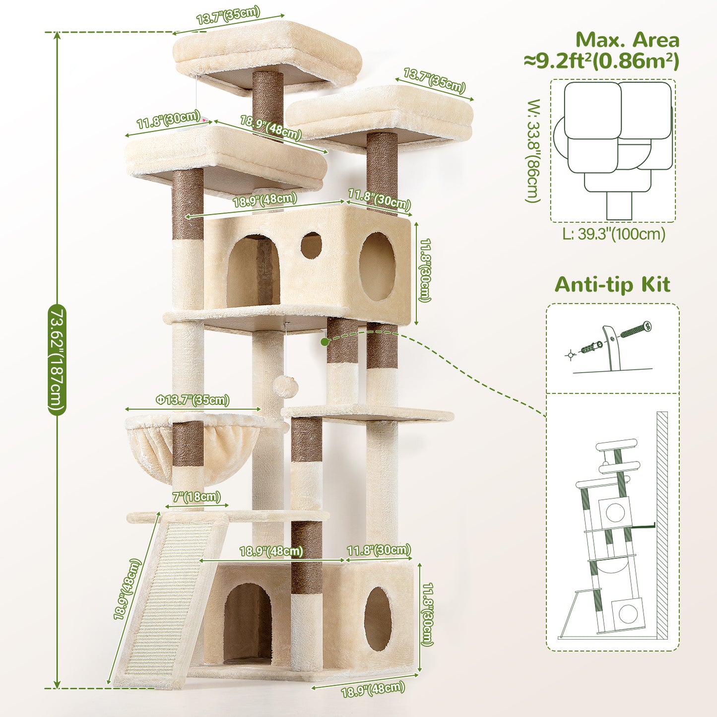 Globlazer Heavy Duty Cat Tree, 73inch Sturdy Cat Tower with Scratching Post for Indoor multiple Cats, Maine Coon Cat Tree with 3 Cat Perch, Basket, 2 Cat Condo for Adult Cats Kittens, F73C, Beige