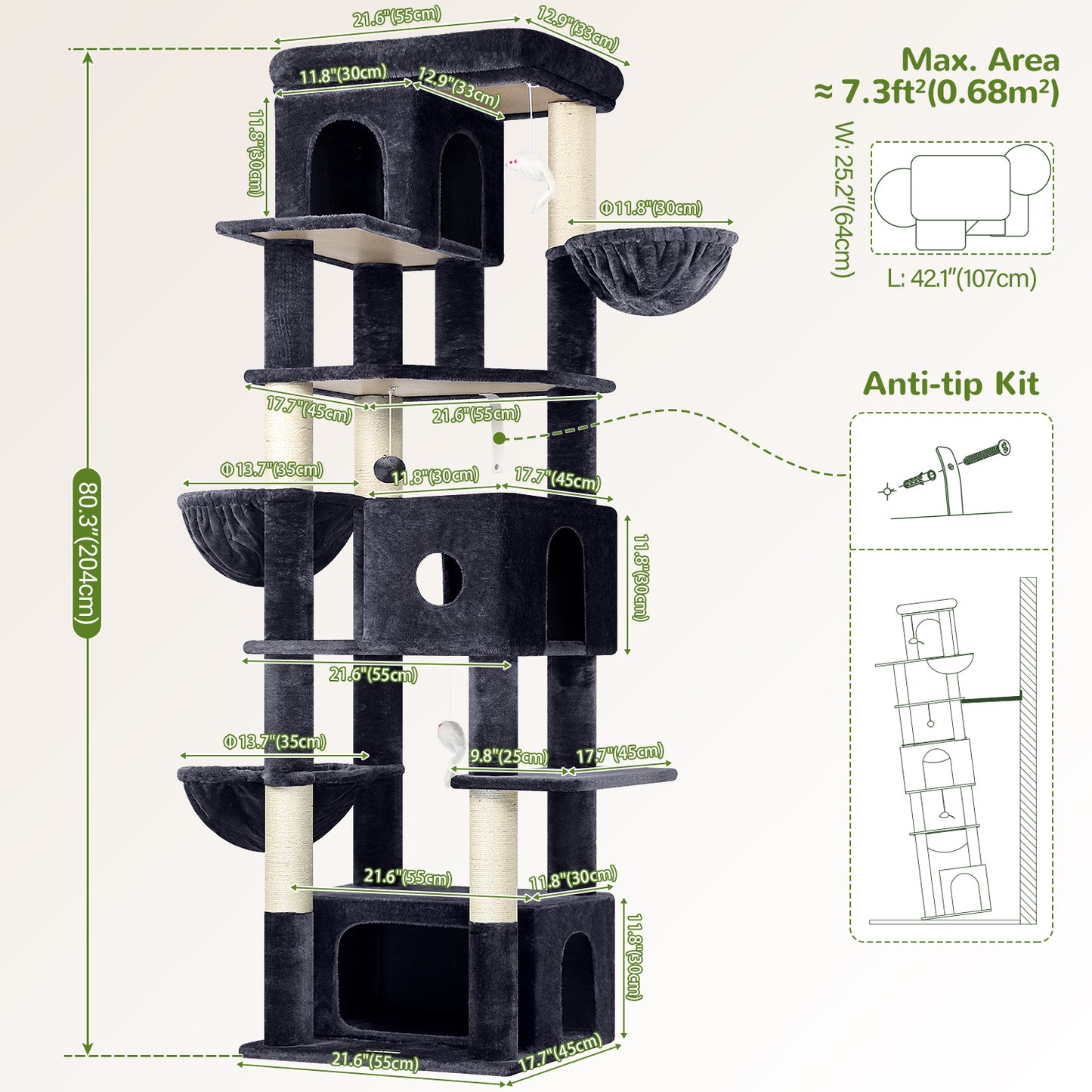 Globlazer Large Cat Tree 80 inch Multi-Level Tall Climbing Tower Kitty Condos Cat Scratching Tower for Indoor Multiple Adult Cats with Large Platform, 3 Cat Caves, 3 Hanging Baskets, F80F, Dark Grey