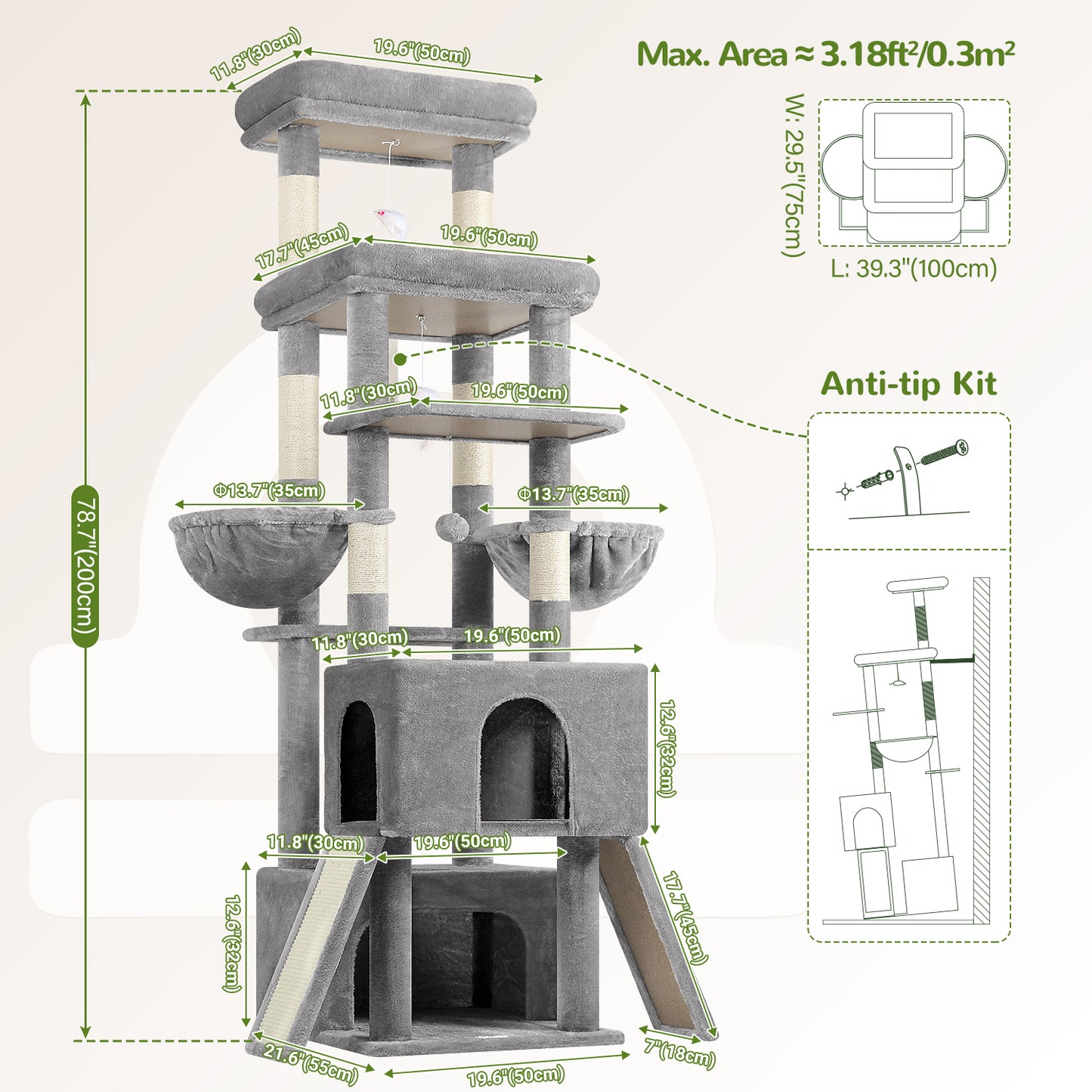 Globlazer Heavy Duty Cat Tree 78 inch Sturdy Cat Tower for 20lbs Large Adult Cats, Symmetrical Aesthetic Big Cat Tree with Extra Large Platform, 2 Scratching Boards, Z78, Light Grey