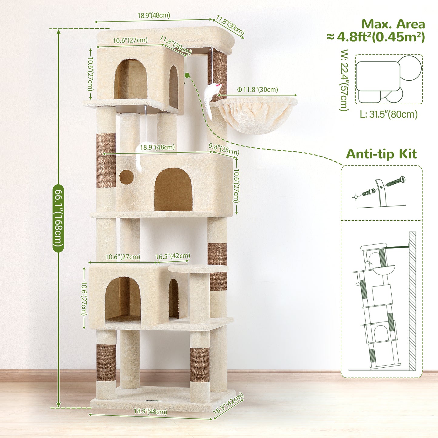 Globlazer Corner Cat Tree 66 inch Multi-Level Climbing Tower Kitty Condos Cat Scratching Tower for Indoor Multiple Cats with Large Platform, 3 Cat Caves, F66, Beige