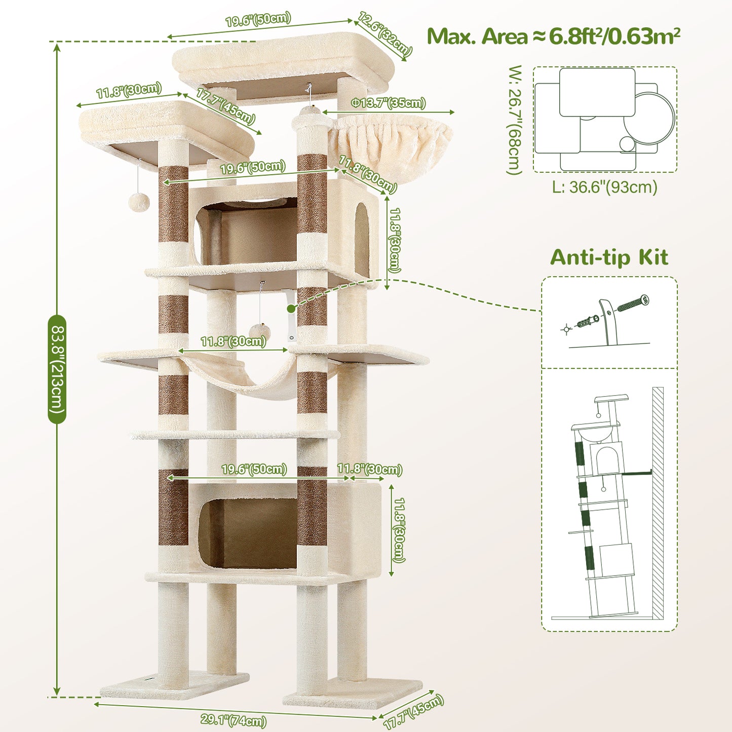 Globlazer XXL Giant Cat Tree, 83 Inch Heavy Duty Tall Cat Tower for Indoor Cats Large Adult, Multi-Level Large Cat Condo with 8 Scratching Posts, Hammock, 2 Cat Caves, 2 Platform, F83B, Beige