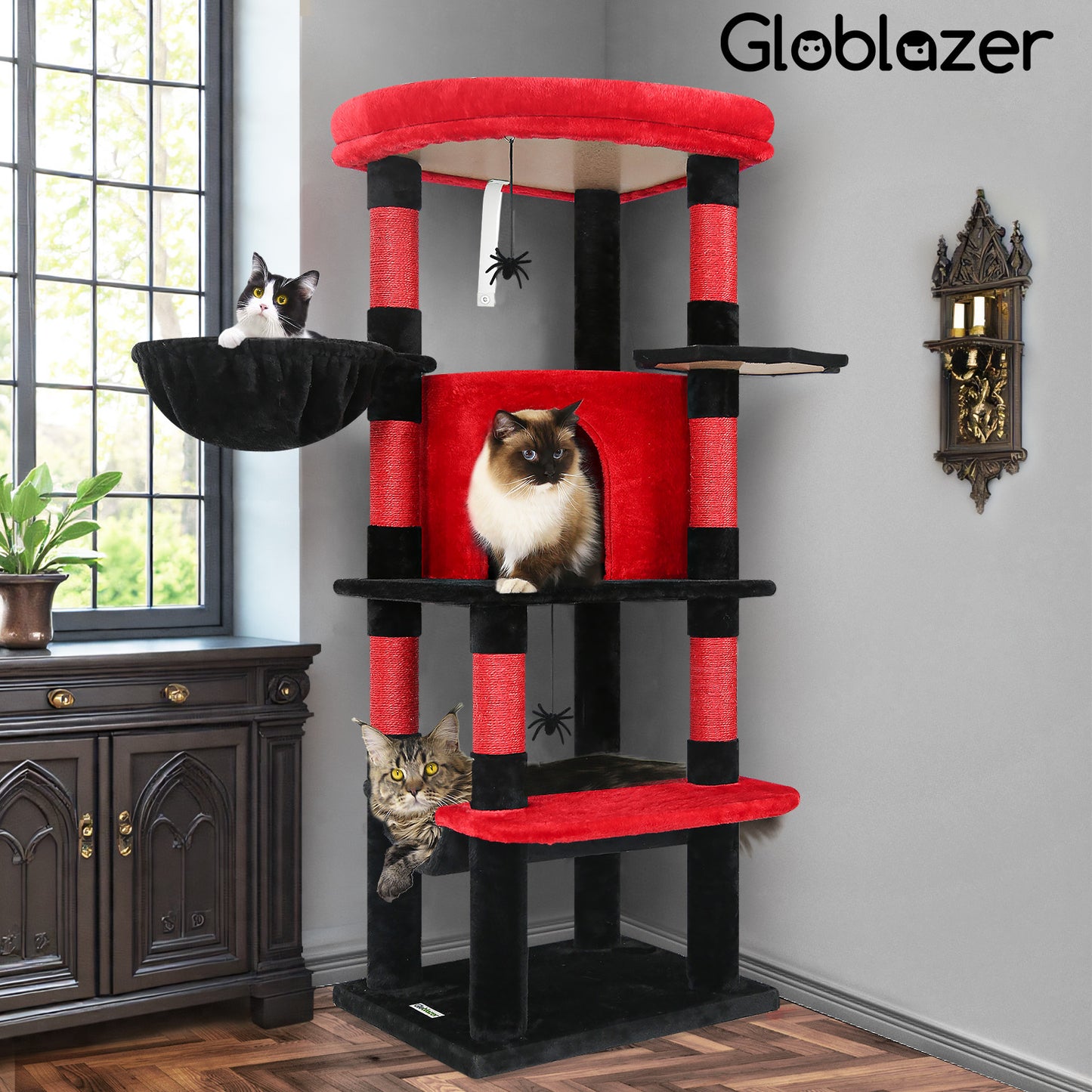 Globlazer Gothic Corner Cat Tree Tower with Scratching Post for Indoor Cats, 51inch Goth Cat Condo Tower with Large Hammock, Fan-Shaped Padded Perch, Spacious Cat Cave, Hanging Basket, C51, Red Black