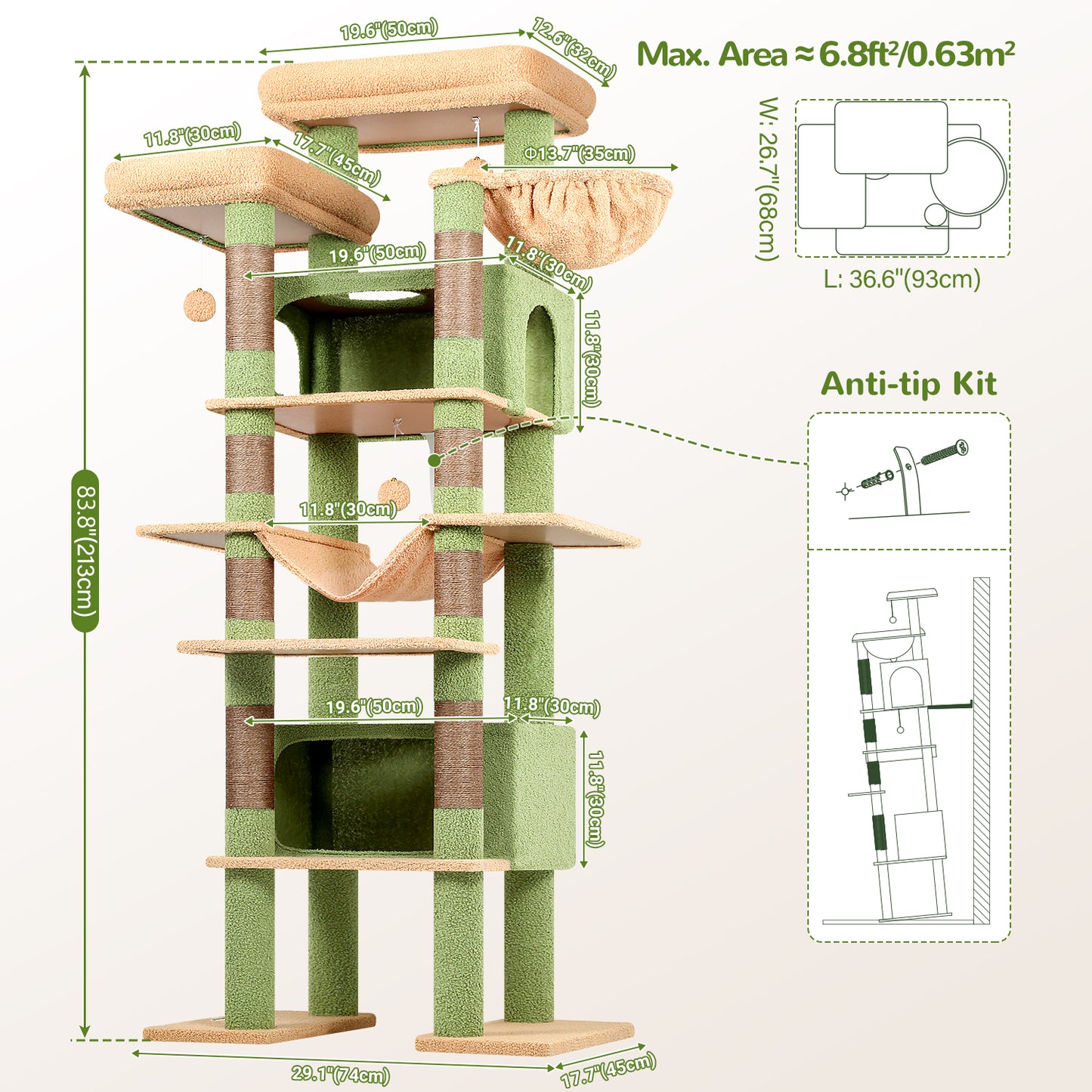 Globlazer XXL Cactus Giant Cat Tree, 83 Inch Heavy Duty Cactus Tall Cat Tower for Indoor Cats Large Adult, Multi-Level Large Cat Condo with 8 Scratching Posts, Hammock, 2 Platform, F83B, Green