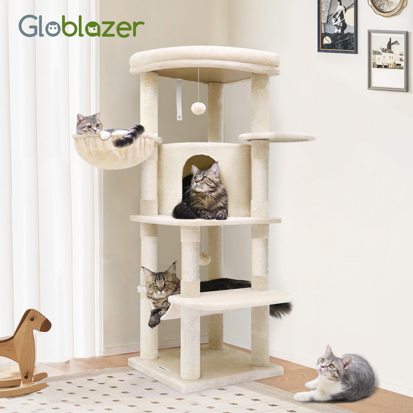 Globlazer Corner Cat Tree Tower with Scratching Post for Indoor Cats, 51in Plush Multi-Level Cat Tower with Large Hammock, Fan-Shaped Padded Perch, Spacious Cat Condo, Hanging Basket, C51, Light Beige