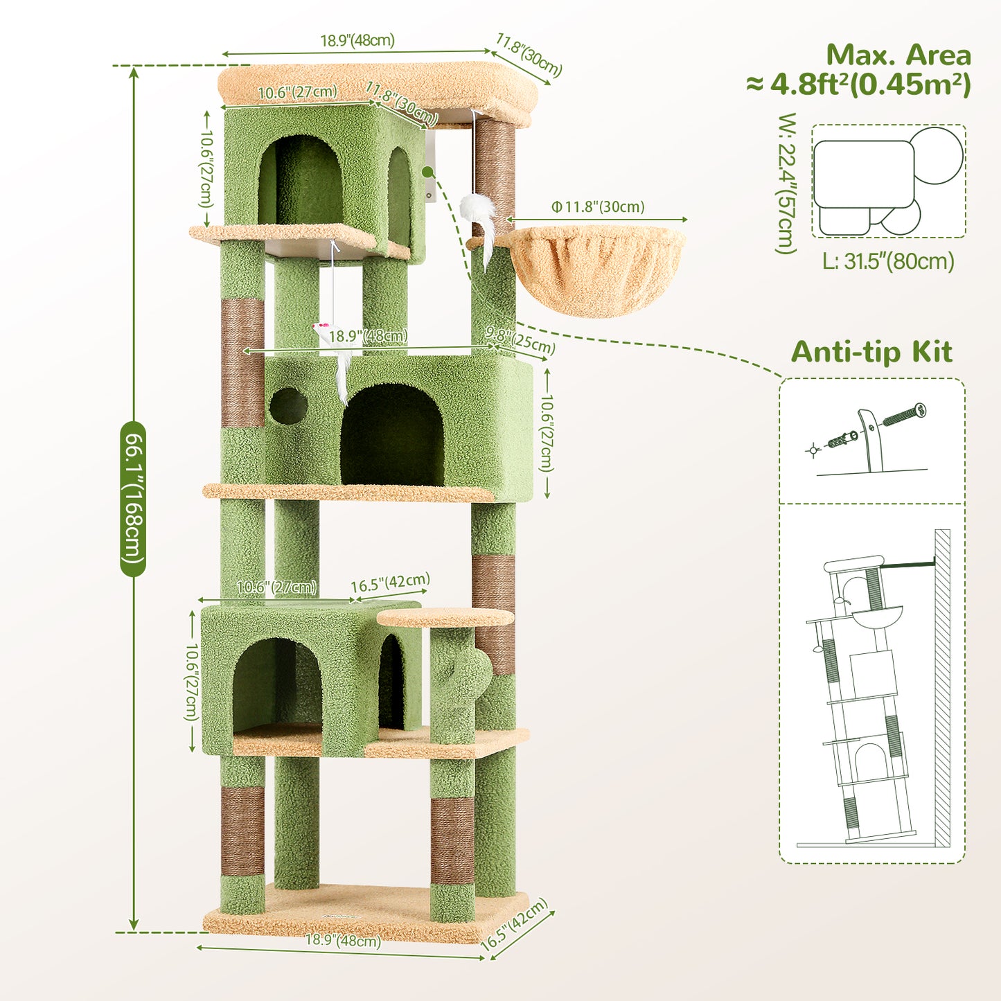 Globlazer Corner Cactus Cat Tree 66 inch Multi-Level Cactus Climbing Tower Kitty Condos Cat Scratching Tower for Indoor Multiple Cats with Large Platform, 3 Cat Caves, F66, Green