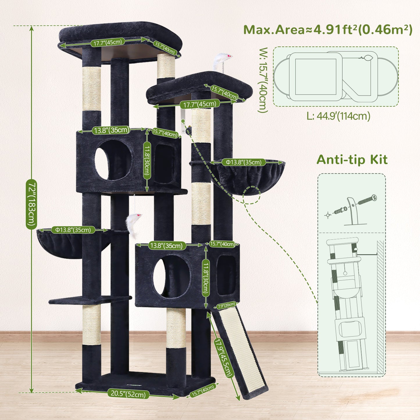 Globlazer 72" Heavy Duty Cat Tree for Large Adult Cats, Multi-Level Cat Tower with 2 Cat Condo, 2 Perchs, 6 Sisal Scratching Posts, Sisal Scratching Board, Multiple Cats, Resting Play, S72E, Dark Grey