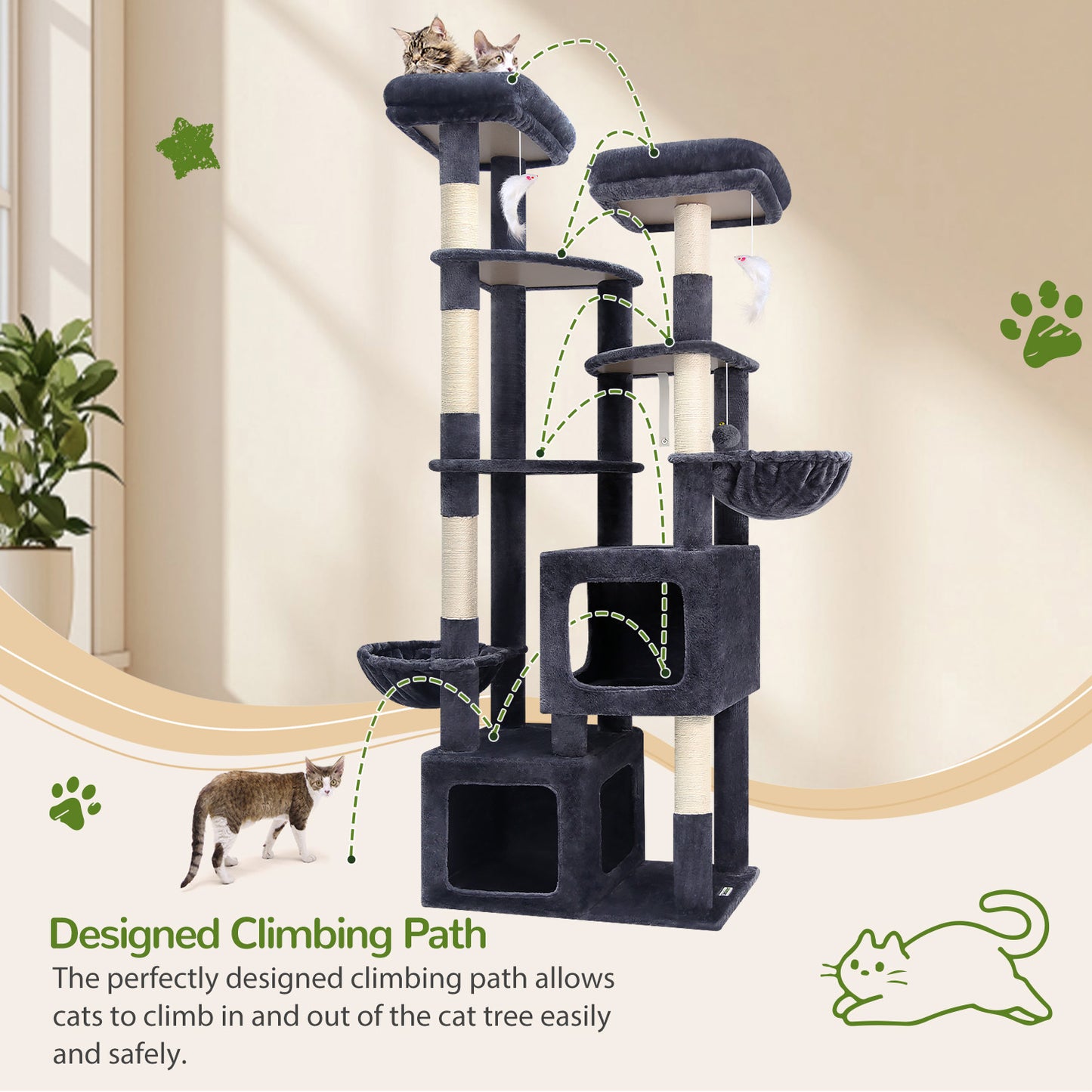 Globlazer 74In Sturdy Cat Tree for Large Cats, Heavy Duty Multi-Level Tall Cat Tree Tower for Multiple Indoor Adult Cats with Scratching Posts, 2 Cat Condos, 2 Top Perches, S74E, Dark Grey