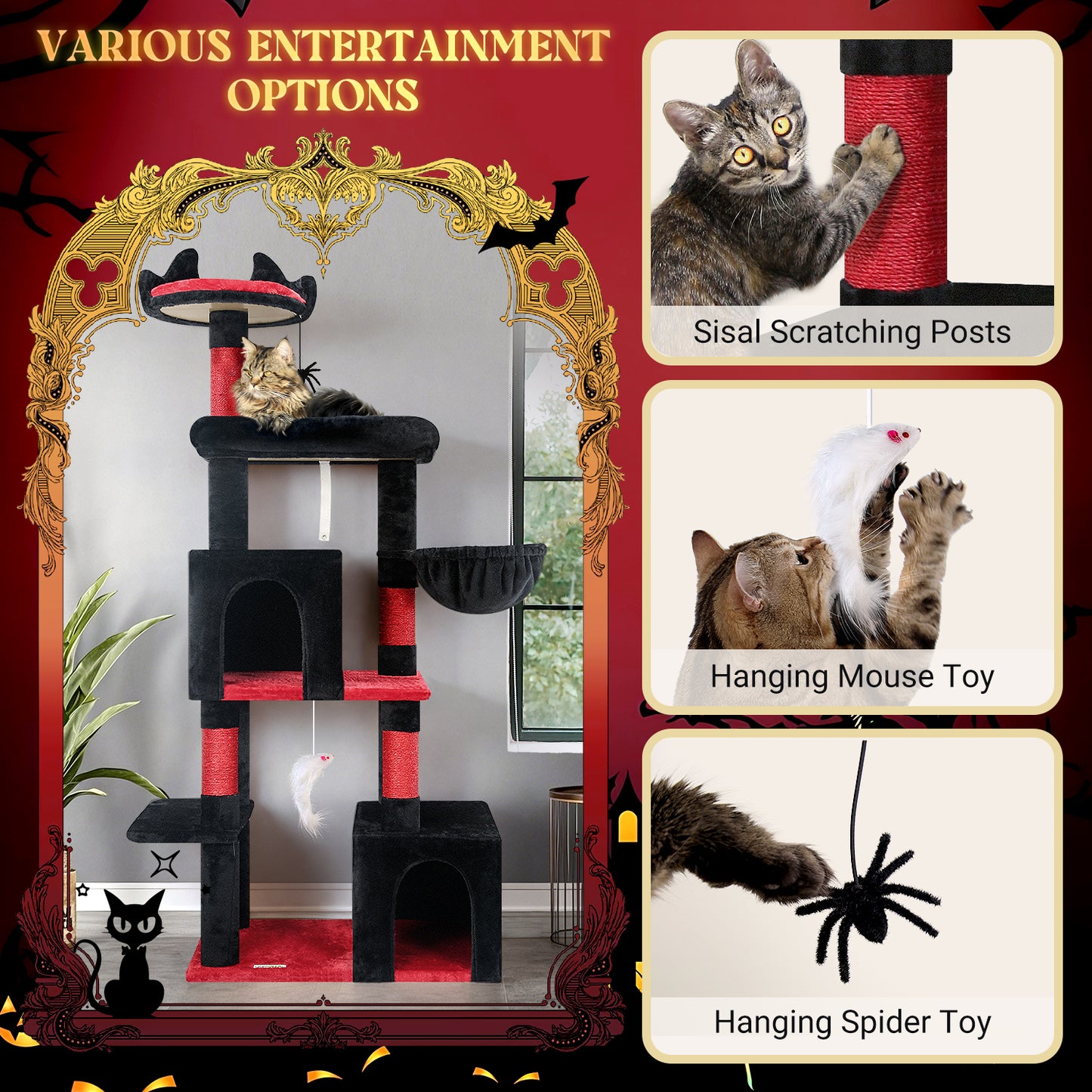 Globlazer Gothic Cat Tree, 62in Goth Cat Tower Kitty Cat Climbing Tower with Large Platform for Indoor Cats, Scratching Posts, Cozy Caves, F62, Black