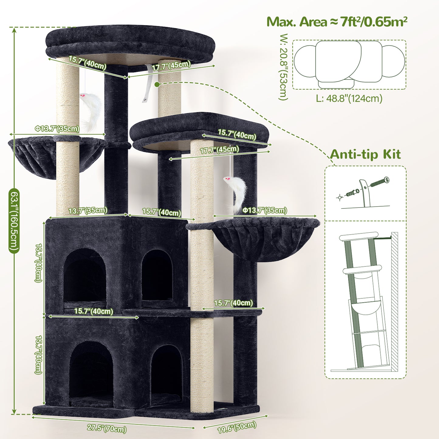 Globlazer Cat Tree Tower for Indoor Cats, 63 inch Sturdy Adult Cat Tree House for Large Adult Cats with 2 Platform, 6 Cat Scratching Post, 2 Cat Caves, Dangling Toys, S63, Dark Grey