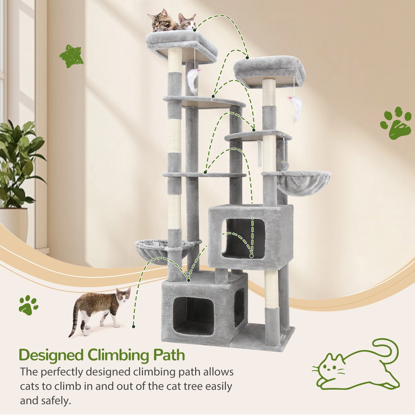 Globlazer 74In Sturdy Cat Tree for Large Cats, Heavy Duty Multi-Level Tall Cat Tree Tower for Multiple Indoor Adult Cats with Scratching Posts, 2 Cat Condos, 2 Top Perches, S74E, Light Grey