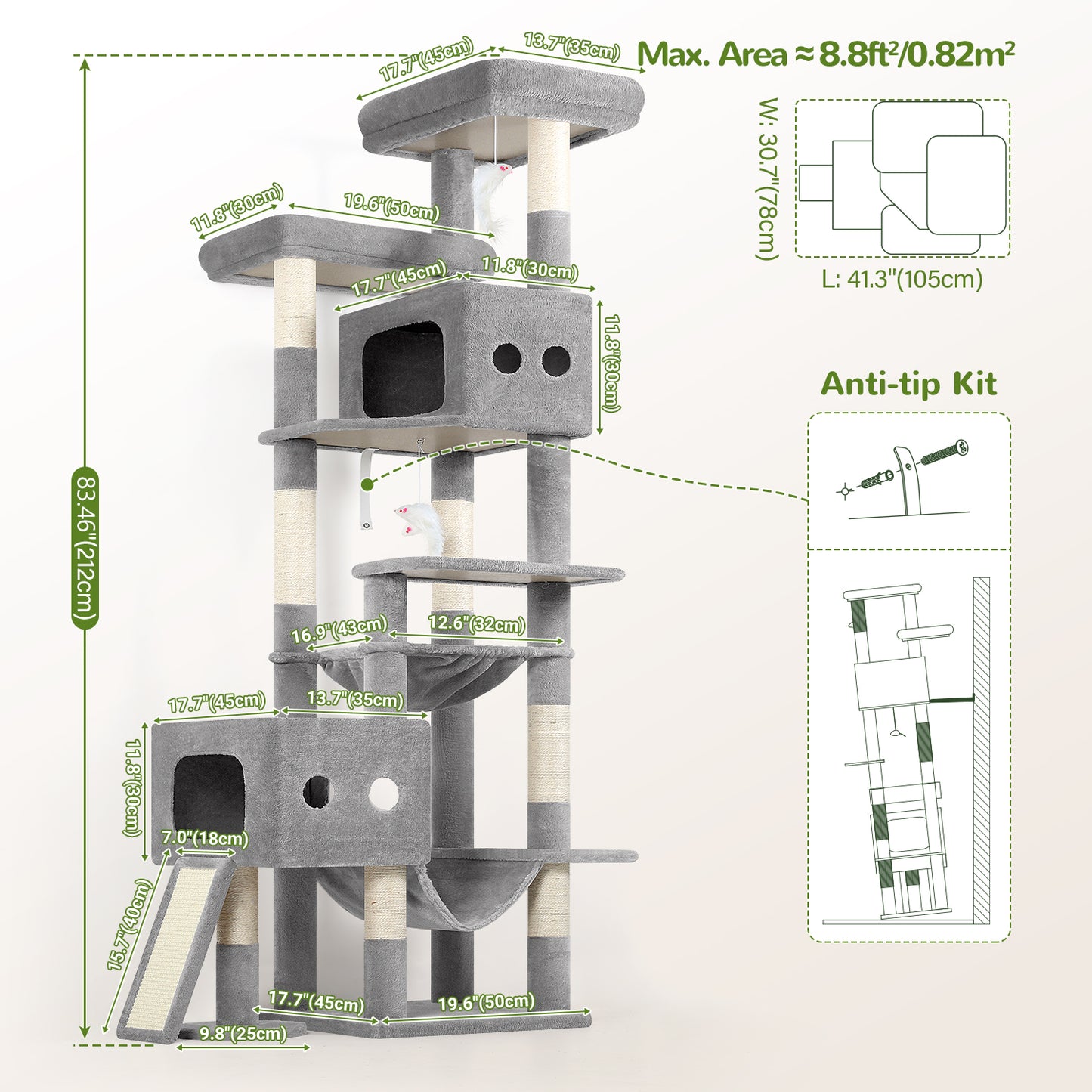 Globlazer Multi-Level Extra Large Tall Cat Tower 83 inch Sturdy Heavy Duty Cat Tree for Indoor Large Adult Cats Kittens with 2 Cat Condo, 8 Scratching Post, 2 Hammock, S83G, Light Grey