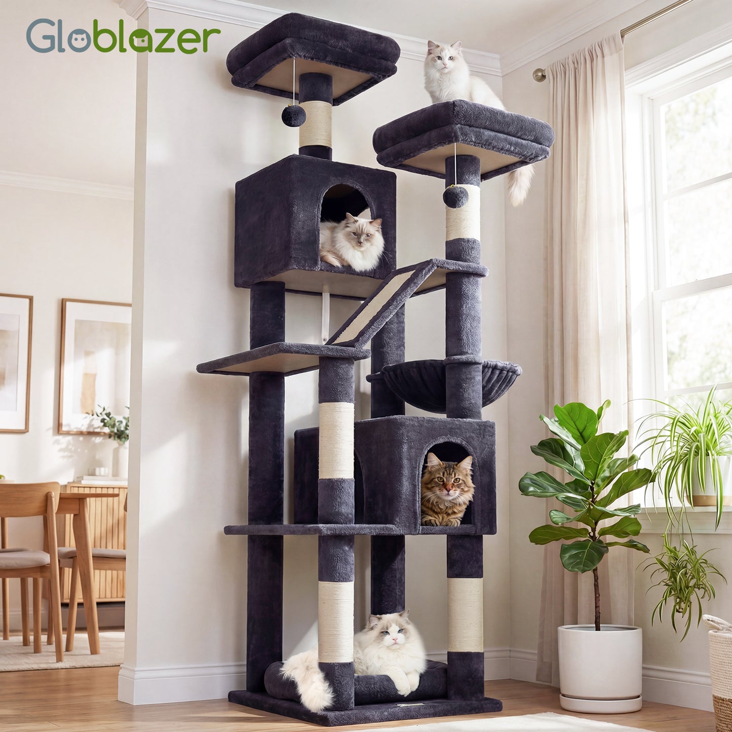 Globlazer 74in Heavy Duty Cat Tree for Large Indoor Cats, Multi-Level Cat Tower with 5 Sisal Scratching Posts, 2 Cozy Condos, Hammock, Top Perches, Climbing Ramp and Pet Bed, F74D, Dark Grey