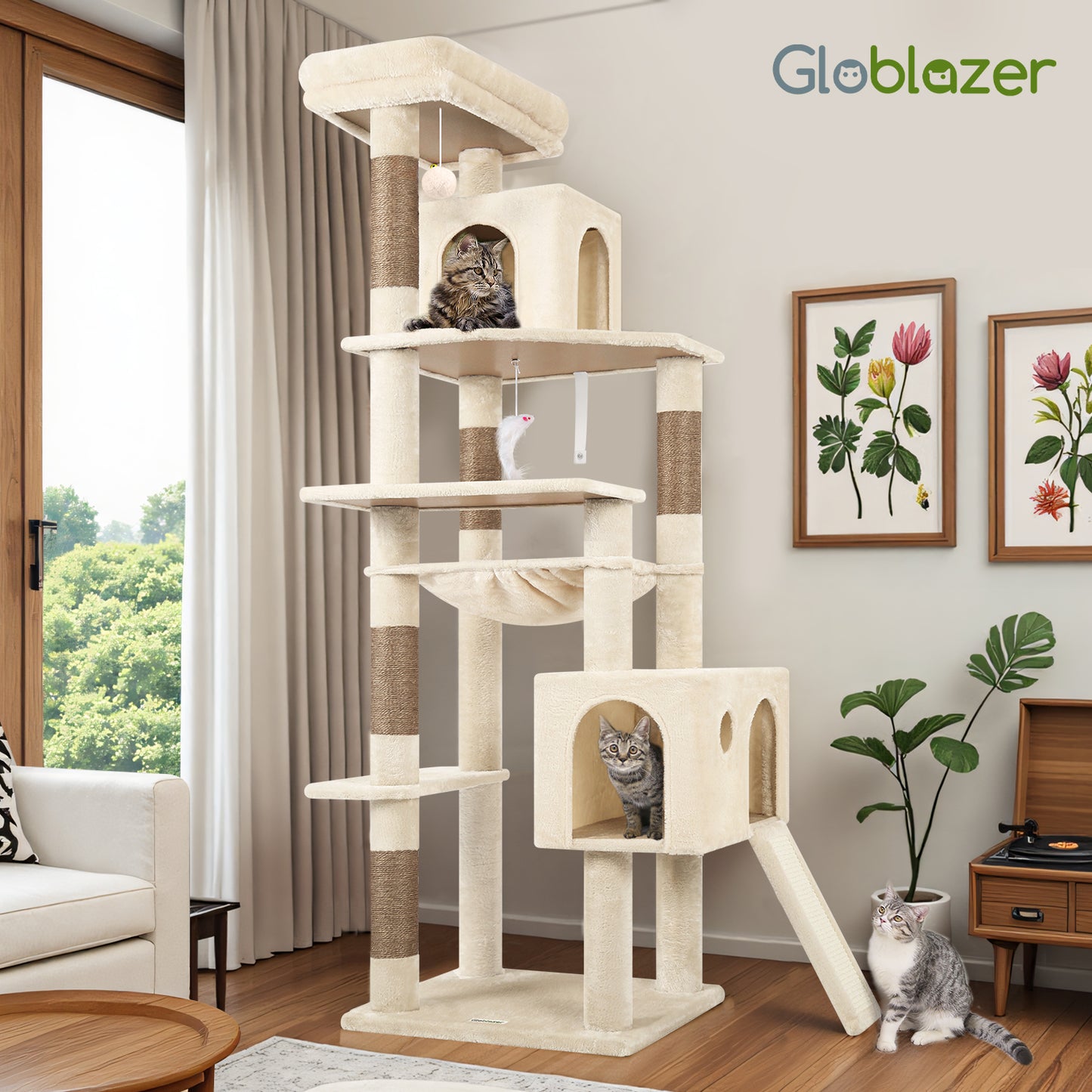 Globlazer Heavy Duty Cat Tree, 70 inch Sturdy Cat Tree for Indoor Cats Extra Large Cat Tower with Scratching Post, Hammock, Cat Condo for Adult Cats Kittens, F70 Pro, Beige