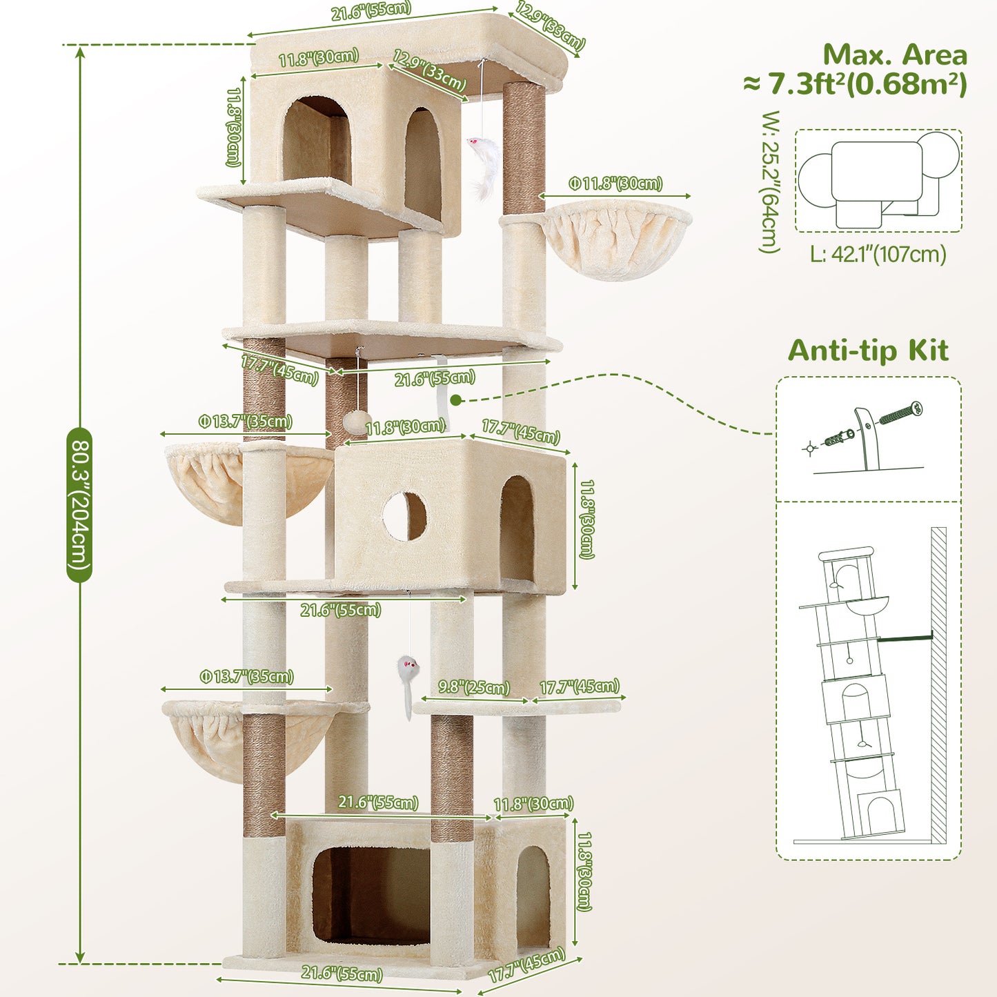 Globlazer Large Cat Tree 80 inch Multi-Level Tall Climbing Tower Kitty Condos Cat Scratching Tower for Indoor Multiple Adult Cats with Large Platform, 3 Cat Caves, 3 Hanging Baskets, F80F, Beige