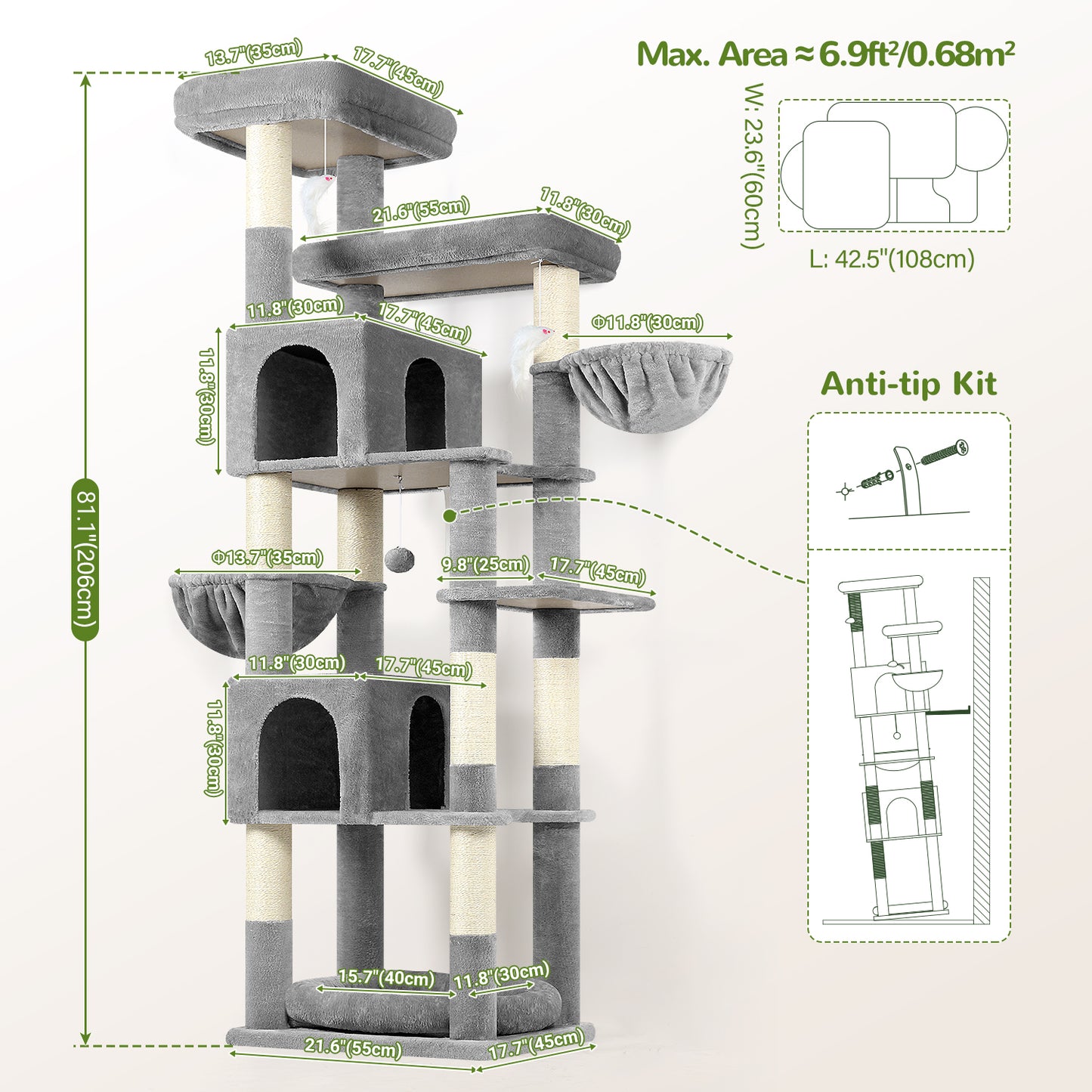 Globlazer Heavy Duty Cat Tree, 81 inch Extra Large Cat Tree for Indoor Cats Large Adult, Sturdy Cat Tower with 8 Scratching Post, 2 Cat Condos, 2 Platform, S81C, Light Grey