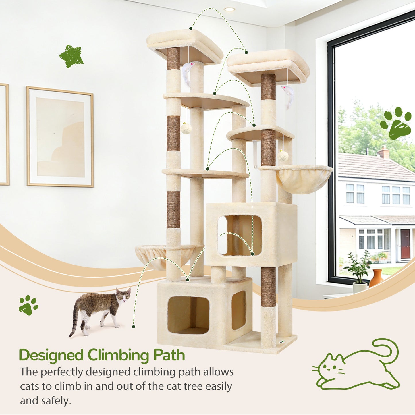 Globlazer 74In Sturdy Cat Tree for Large Cats, Heavy Duty Multi-Level Tall Cat Tree Tower for Multiple Indoor Adult Cats with Scratching Posts, 2 Cat Condos, 2 Top Perches, S74E, Beige