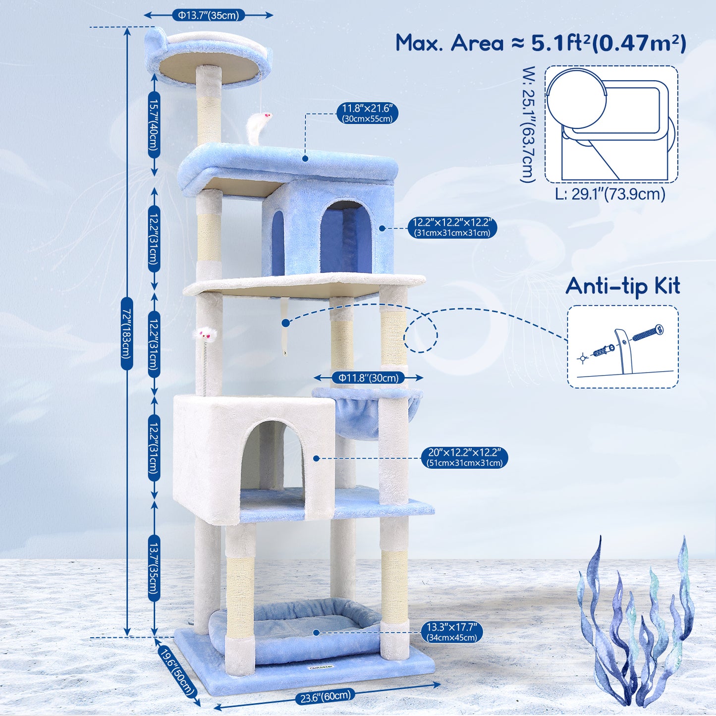 Globlazer Heavy Duty Cat Trees for Large Cats, Sturdy 72in Maine Coon Cat Tree for Large Cats 20 lbs+ Heavy Duty Cat Tower for Adult Biggest Cat with 6 Scratching Posts, Hammock, S72, Ocean Blue