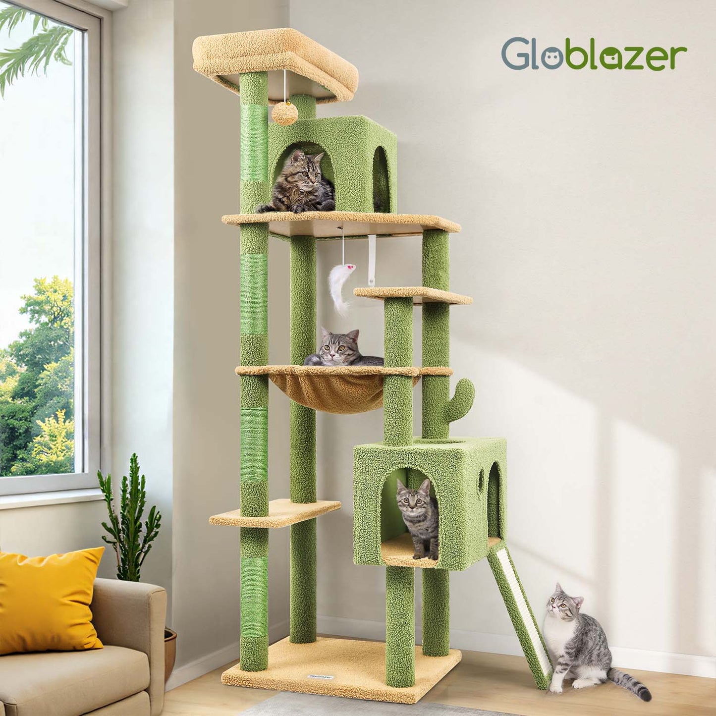 Globlazer Cactus Cat Tree Tower, 70inch Heavy Duty Cat Tree for Indoor Cats Sturdy Large Cat Tower with Scratching Post and Scratching Board, Hammock, Cat Condo for Adult Cats Kittens, F70 Pro, Green
